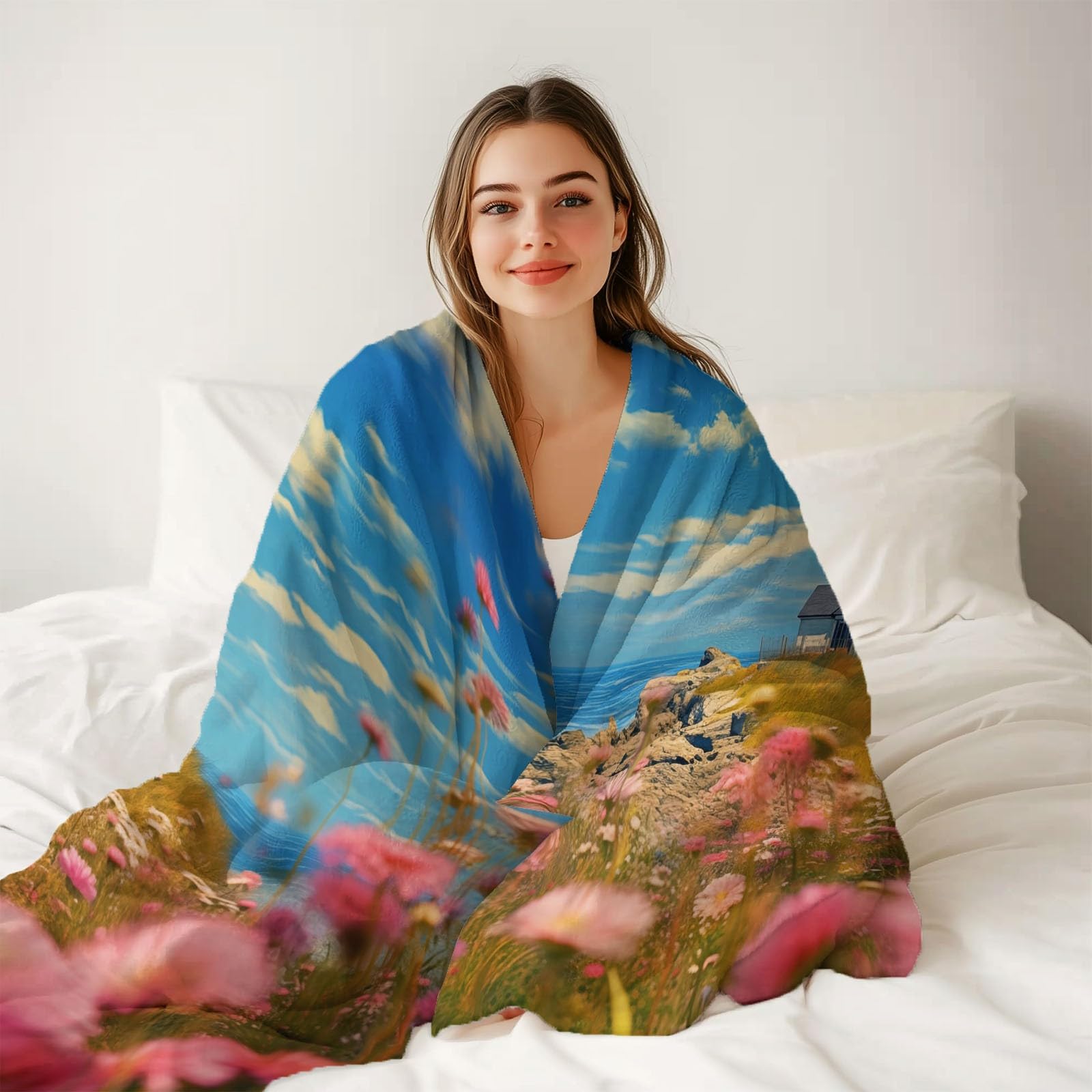 Koc polarowy 200 x 220 cm naturalna latarnia morska dzikie kwiaty koc polarowy jasnoniebieski flanelowy dla 2 osób, nadruki, miękkie i ciepłe na sofę łóżko