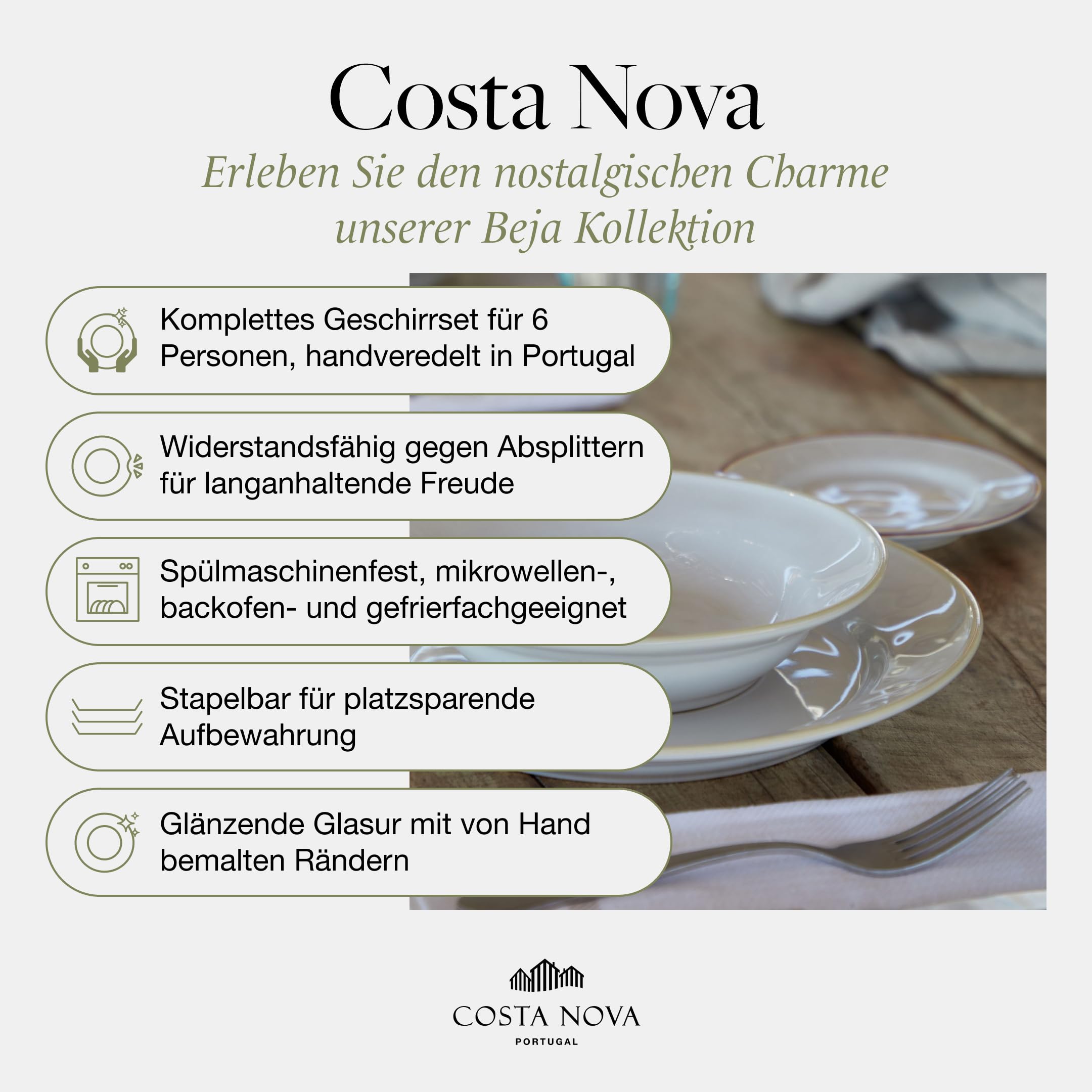 Costa Nova Geschirrset Beja: 30-teiliges Steinzeug-Set, Spülmaschinen-, Mikrowellen-, Ofen- & Gefrierfest, Komplettes Service für 6 Personen mit flachen & tiefen Tellern, Schalen & Tassen, Weiß/Creme