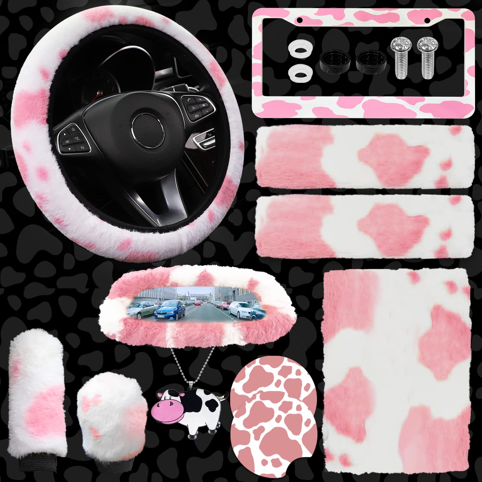JINGSEN11 11-Piece Fluffy Car Accessories Set - Plush Steering Wheel Covers, Soft Fleece Handbrake & Shift Covers, Non-Slip Car Trim Decorations (Pink)