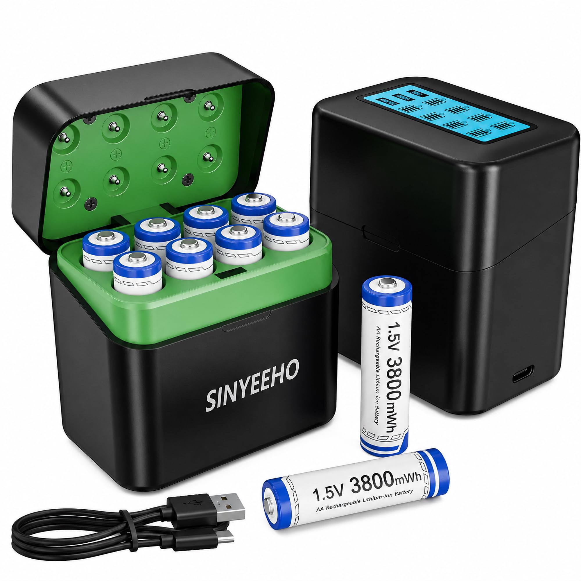 Lot de 8 piles AA rechargeables au lithium avec chargeur 1,5 V 3800 mWh - Double A - Longue durée - Avec écran LCD - Temps de cycle jusqu'à 2500 - Charge rapide pour caméras et jouets d'extérieur