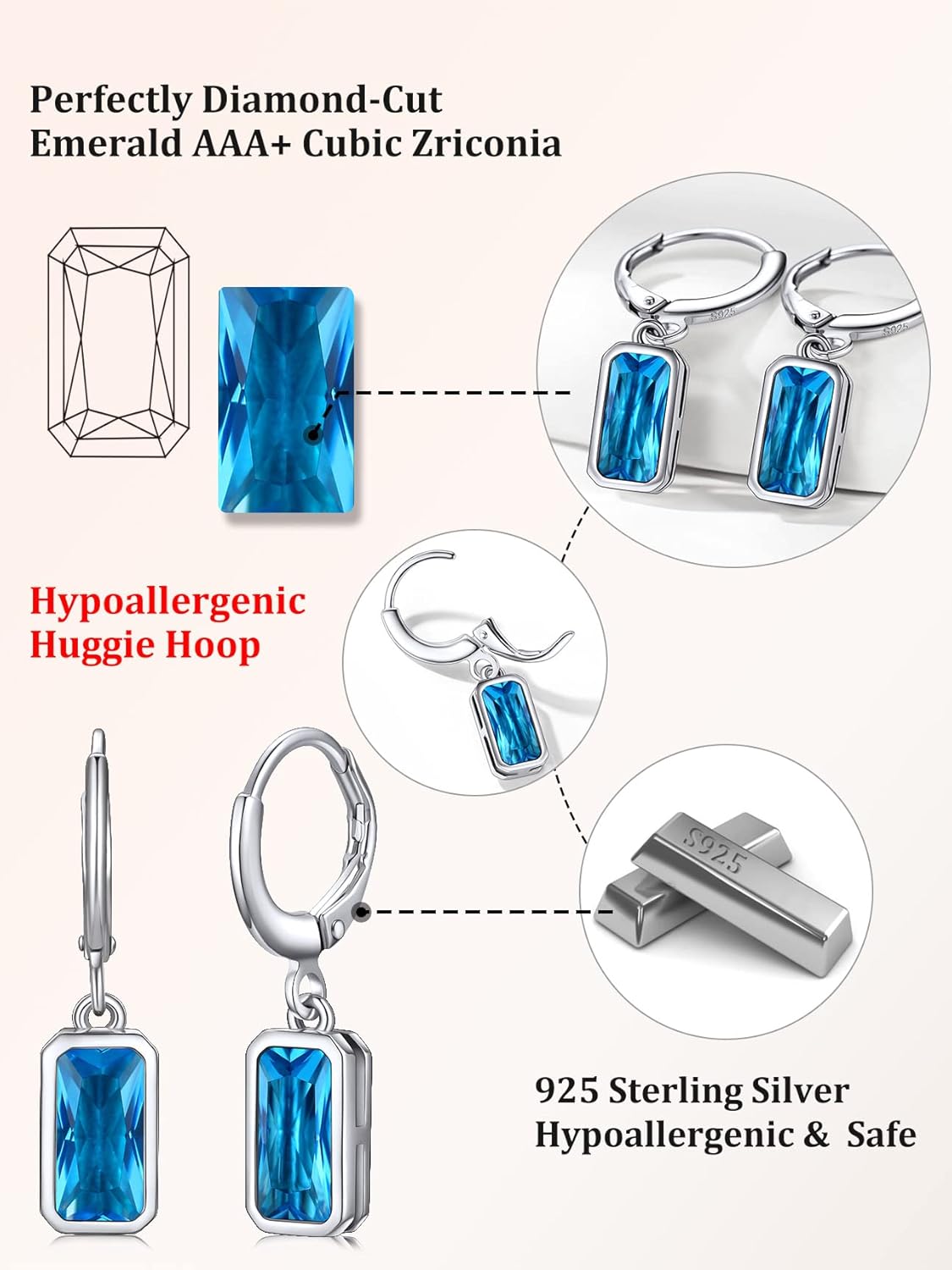 Bestyle Sterling Silver Small Dainty Birthstone Drop Earrings for Women with Rectangular Baguette Crystal & Huggie Hoop Silver Dangle Earring for Wedding Birthday Everyday Wear - Image 8