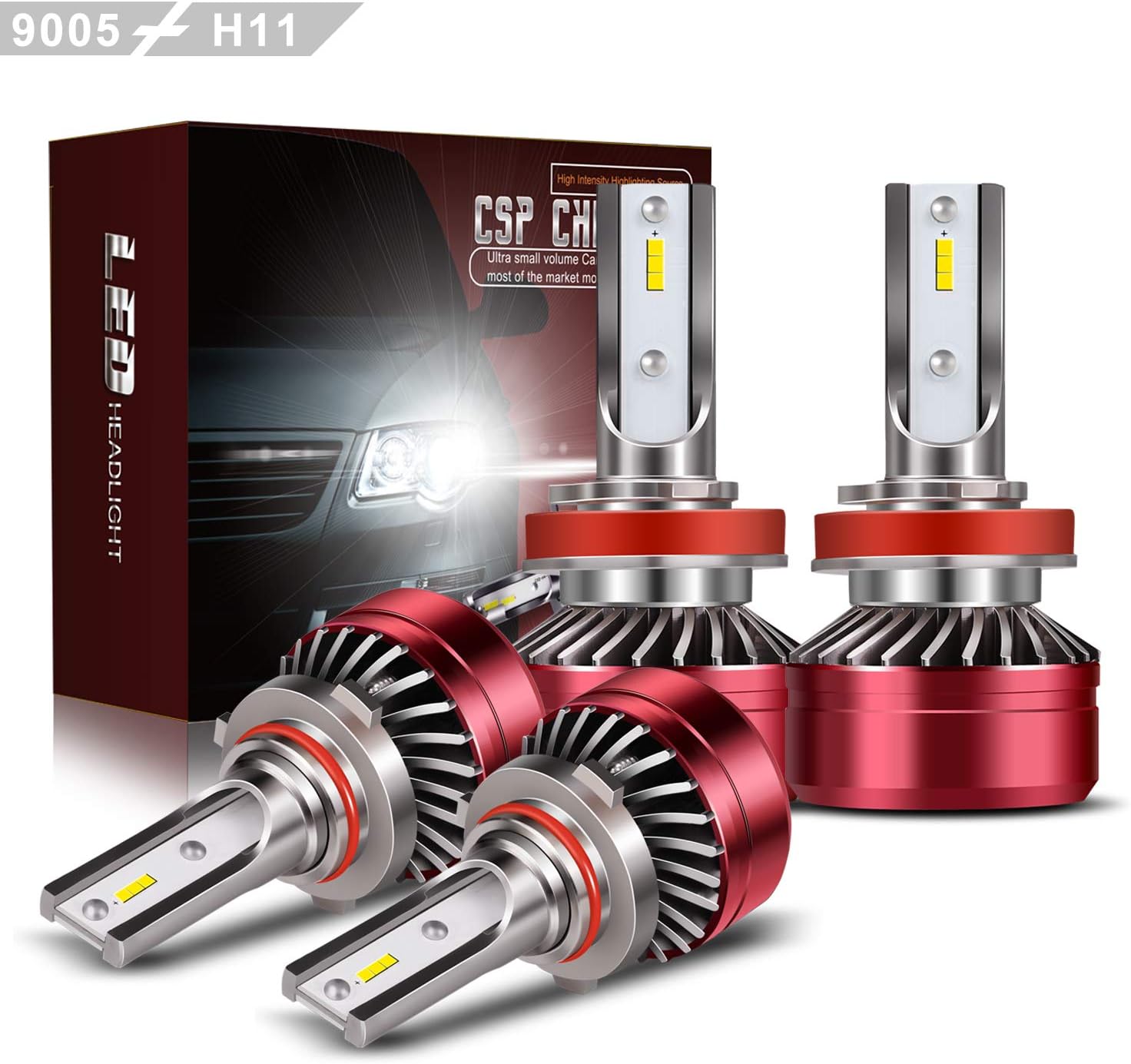 TURBO SII - 11/H9/H8 Low Beam 9005/HB3 High Beam LED Headlight Bulbs Combo, Comparable to 16000 Lumens Super Bright LED Headlights Conversion Kits 6000K Cool White, 4 Pack