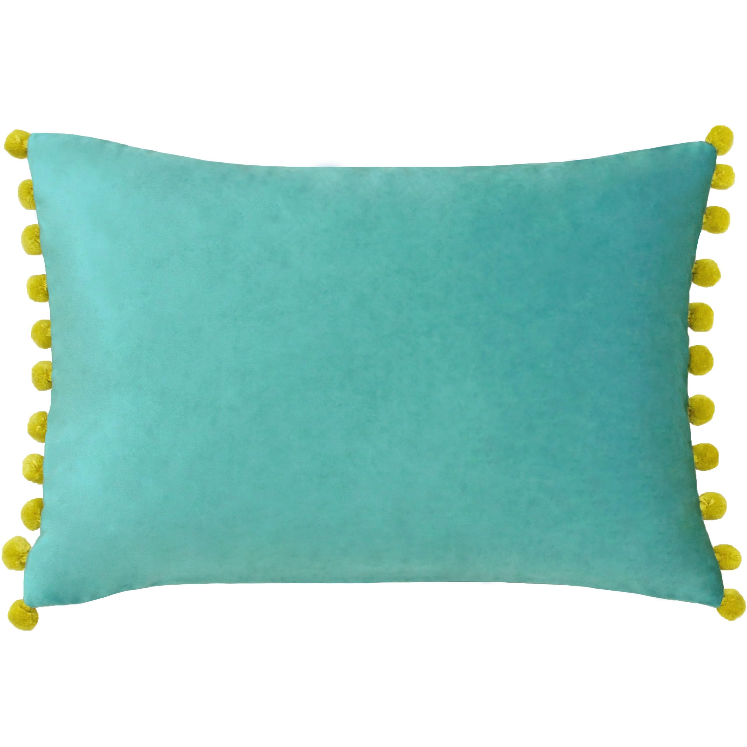 Paoletti Fiesta Rectangular Cushion Cover – Faux Velvet with Pompom Edges (Teal/Bamboo – 35 x 50cm)