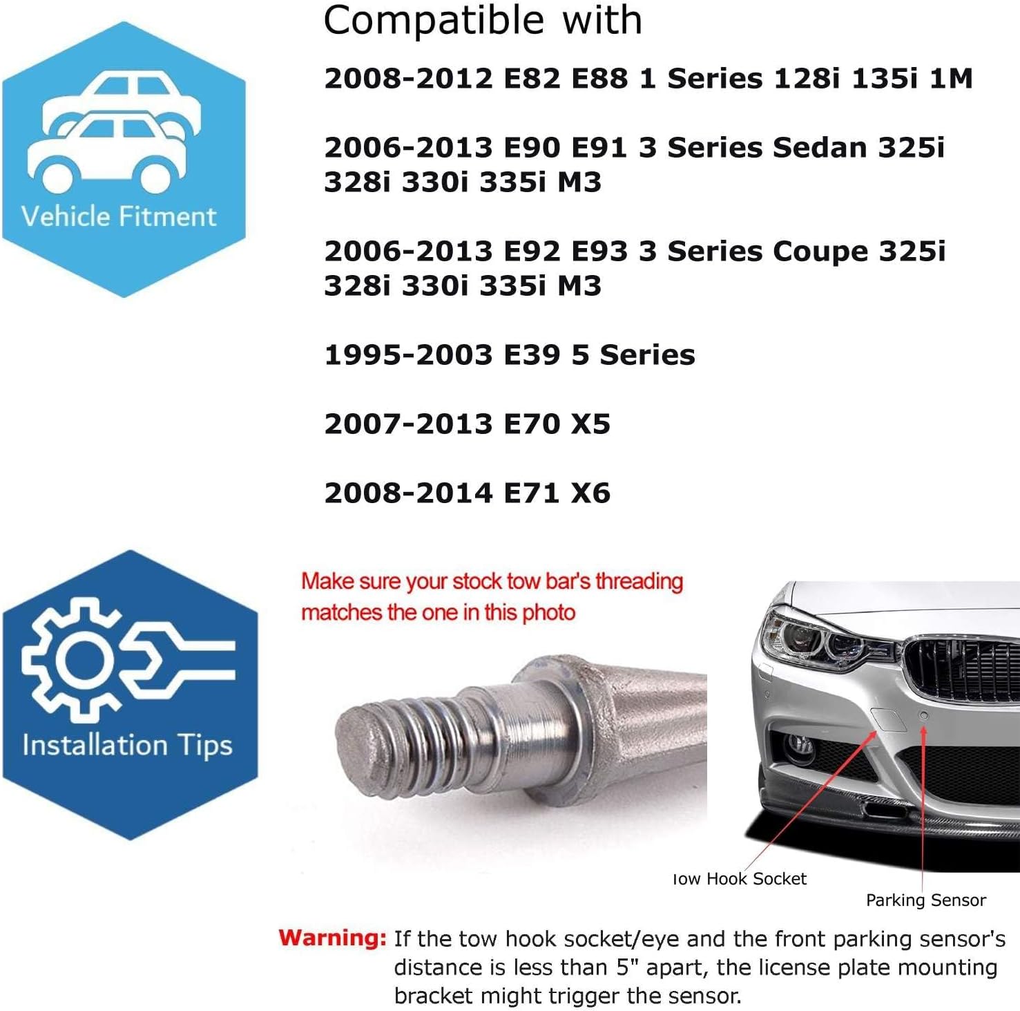iJDMTOY No Drill Front Bumper Tow Hook License Plate Mounting Bracket Adapter Kit Compatible with BMW E82 E88 128i 135i 1M E39 E90 E91 E92 E93 328i 335i M3 X5 X6 etc