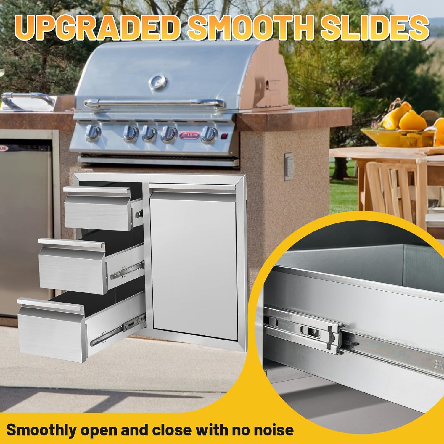 Outdoor Kitchen Drawer Combo Cabinet Stainless Steel Triple Drawers & Trash Drawer with 2 Trash Cans, 28" W x 22" H x 19.5" D Outdoor Kitchen Cabinets for BBQ Grill Station