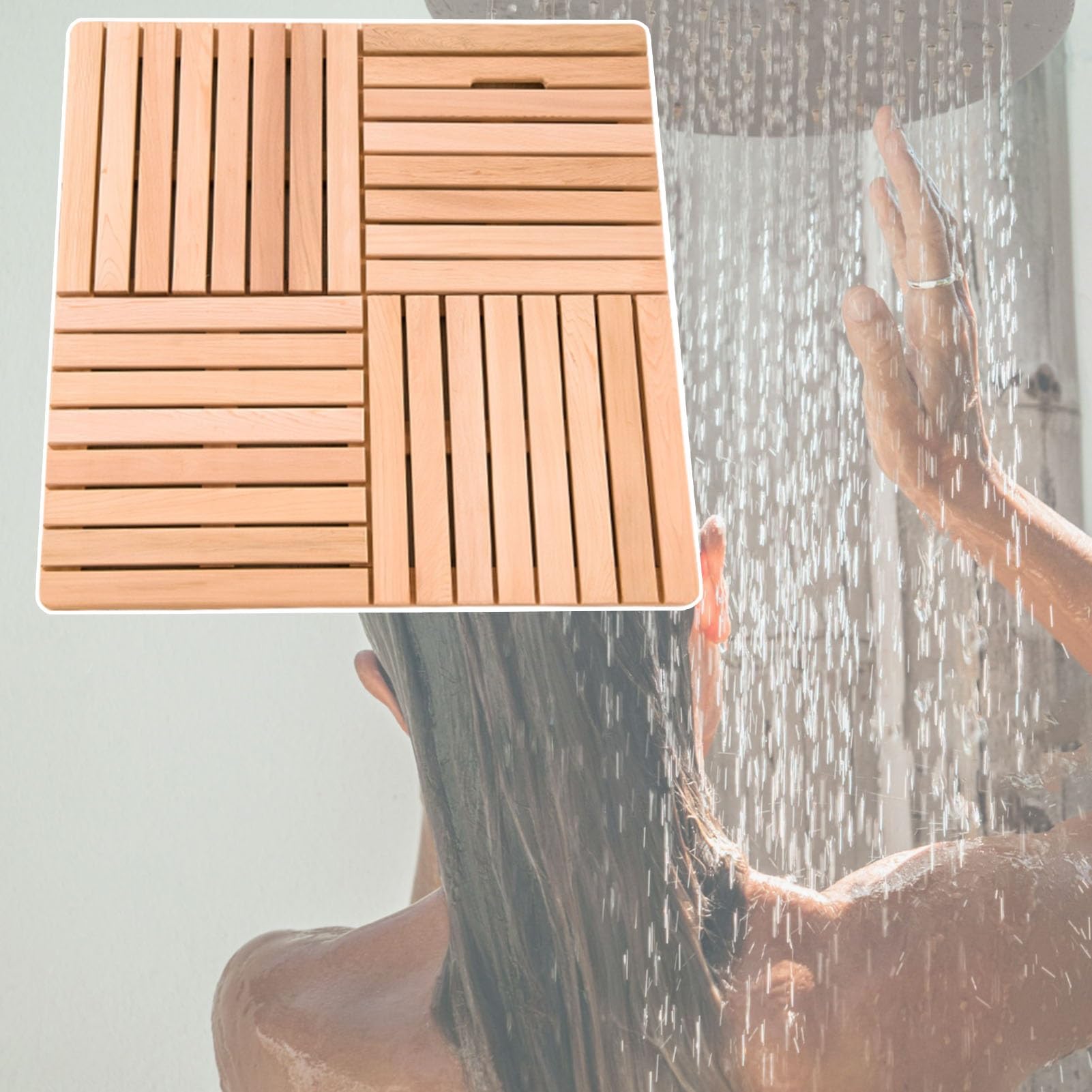 QIYFOZ Customizable Non-Slip Wooden Bath Mat, Wide Slats Shower Mat for Spa, Beach & Sauna - 50cm x 50cm Drain Board, Perfect for Tub & Home Décor