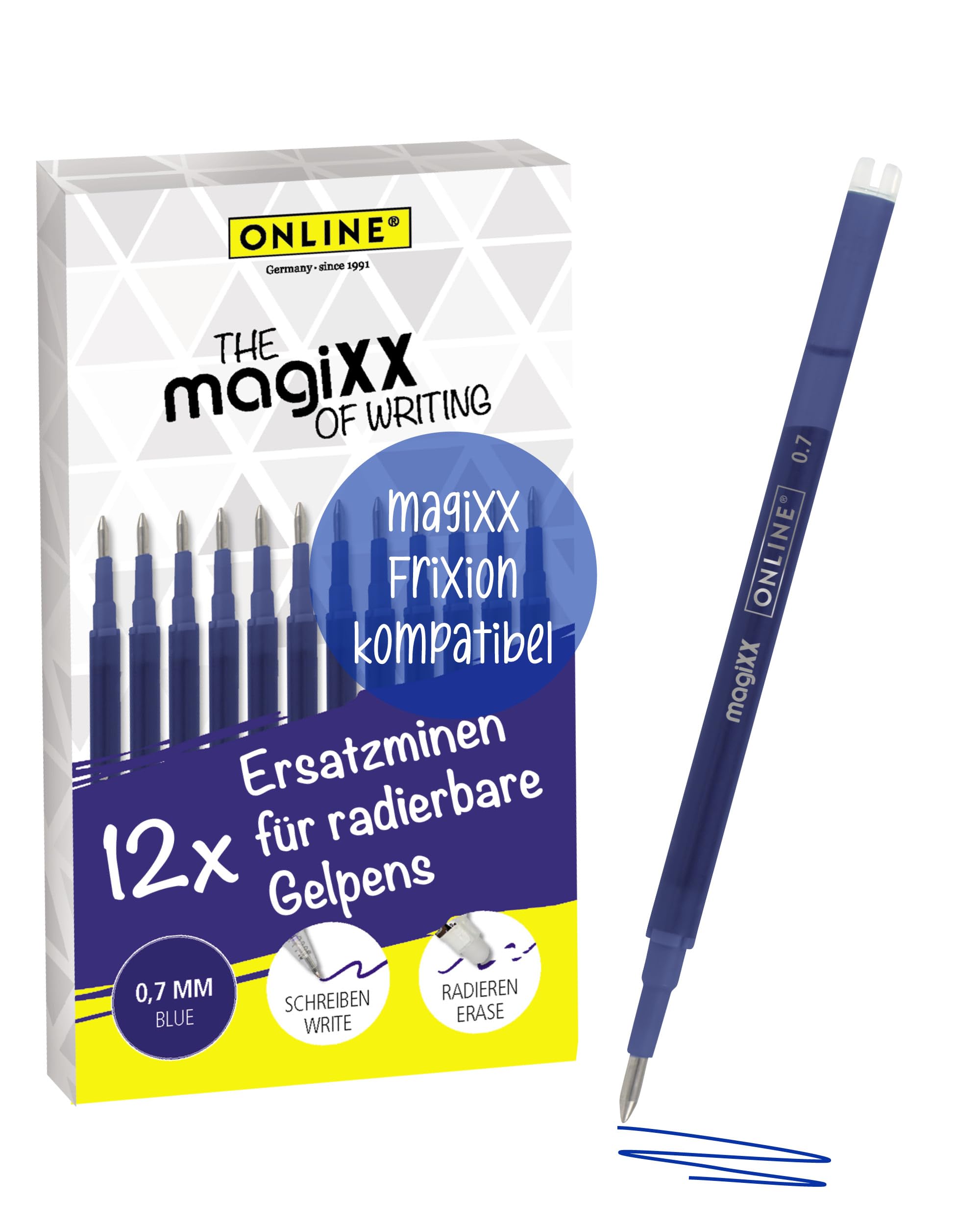 ONLINE 12x radierbare Ersatzminen I Kompatibel mit Pilot Frixion, magiXX I Blau 0,7mm Strichstärke I Ersatzmine für Gelstift radierbar I Nachfüllminen für Gel-Tintenroller mit radierbarer Tinte
