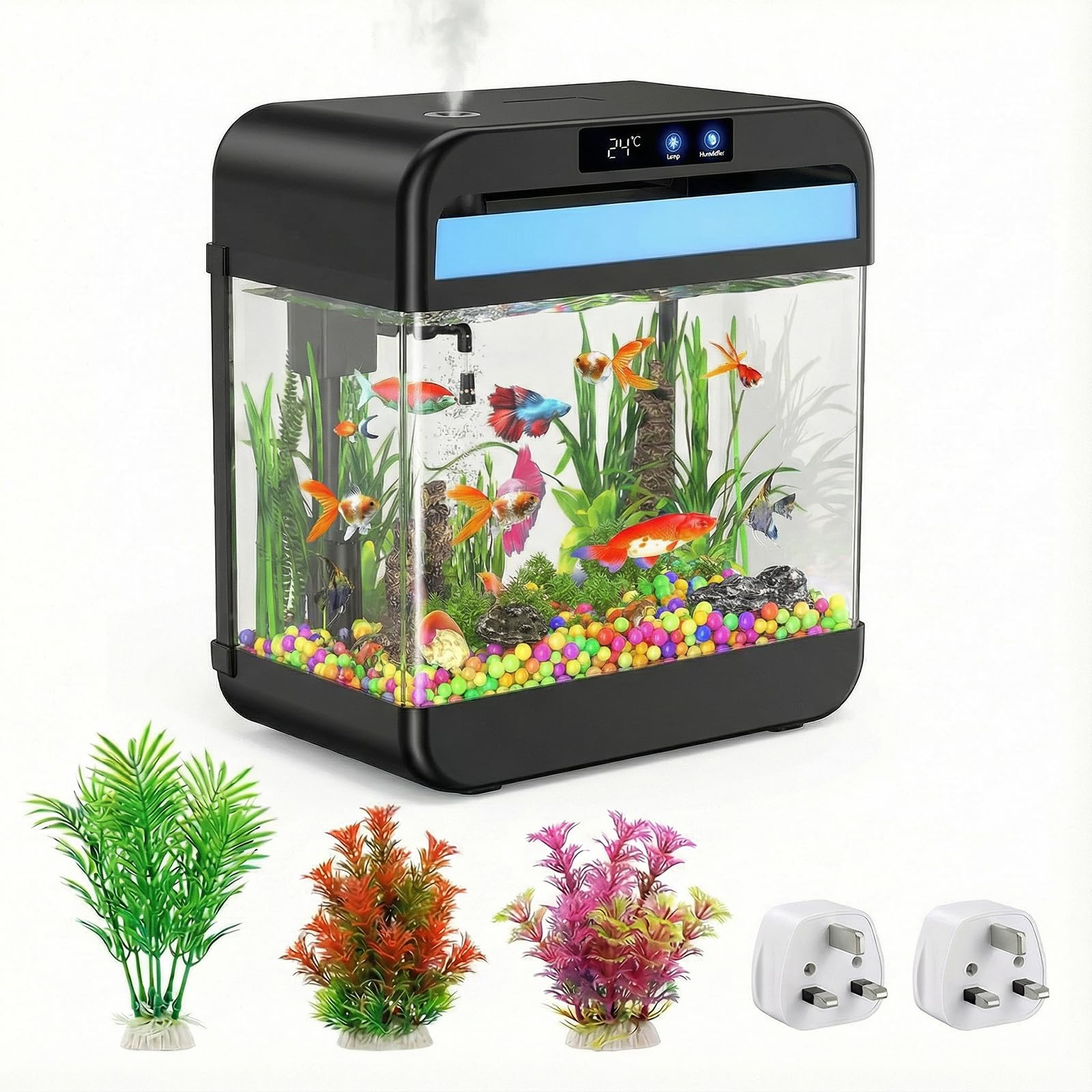 Fish Tank Aquarium with Humidifier 7 Color Looping Light, 8L Desk Aquarium with Timer Self-Cleaning 3 in 1 Water Pump & Filteration & Oxygenation & Circulation, Temperature Display, Heat Bending Glass