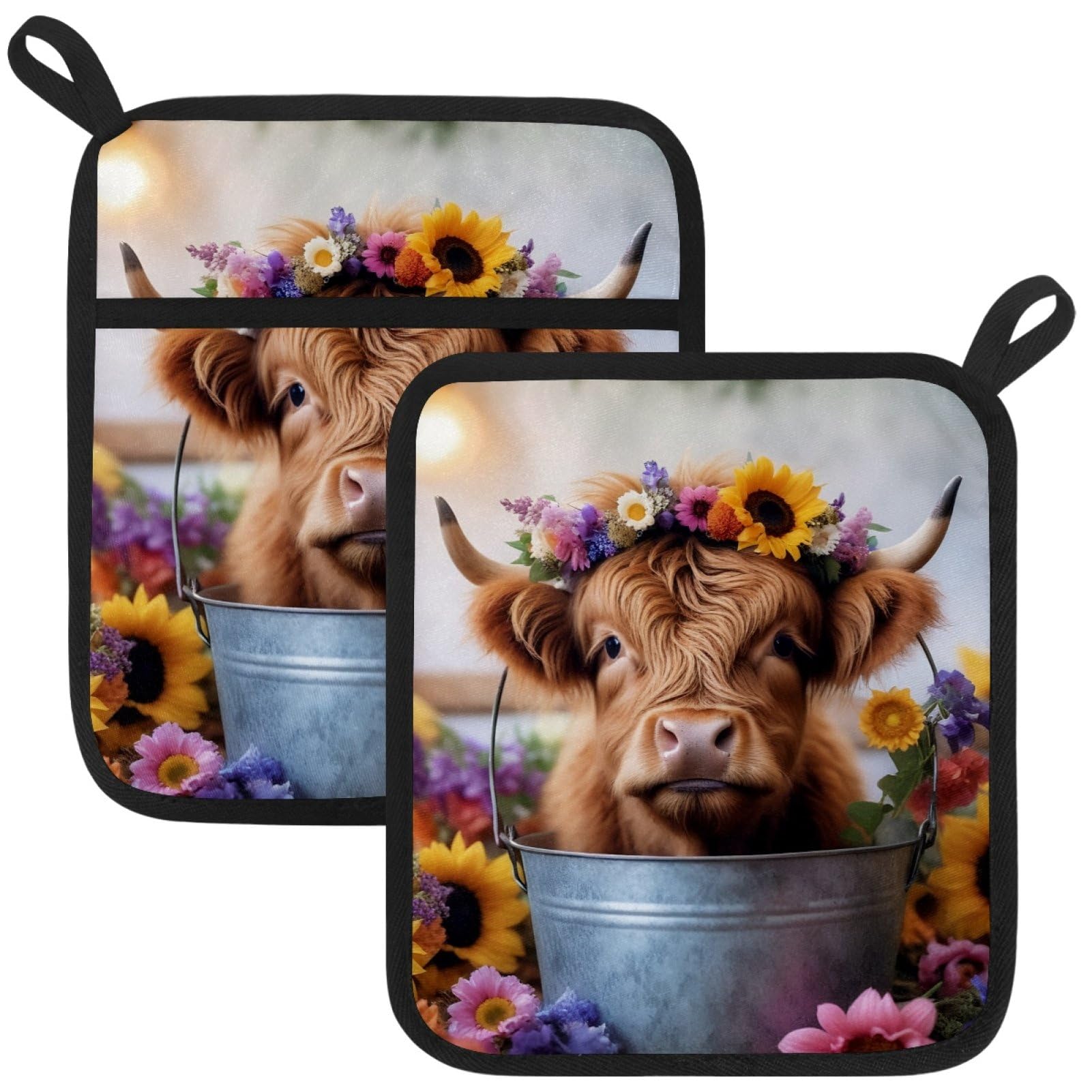 VAPOKF Highland Cattle Sunflower Pot Holders with Pocket for Kitchen Heat Resistant Potholders Large Polyester-Cotton Square Oven Mitts Set