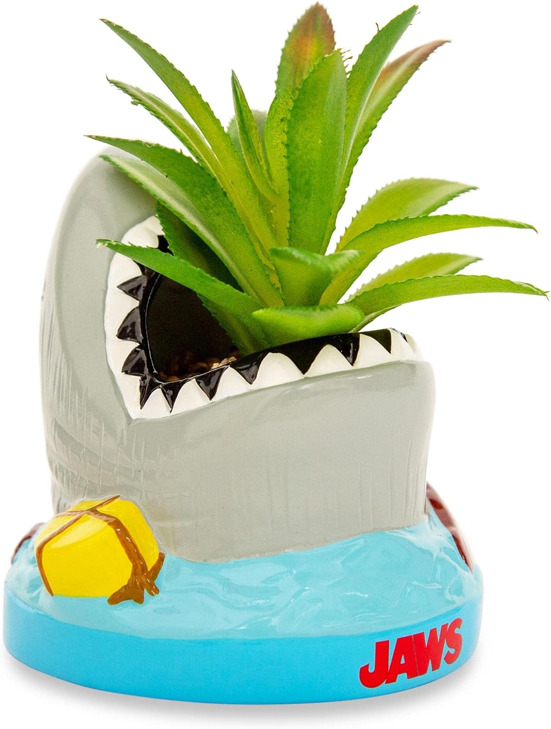 Silver Buffalo Jaws Shark 4-Inch Ceramic Mini Planter with Artificial Succulent | Cute Flower Pot, Faux Indoor Plants