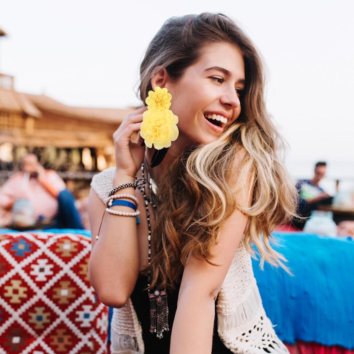 Yellow Flower Earrings for Women, Large Fluffy Drop Statement Bohemian Big Flower Earring Charm for Party Prom Ear Jewelry Gifts Accessories - Image 2