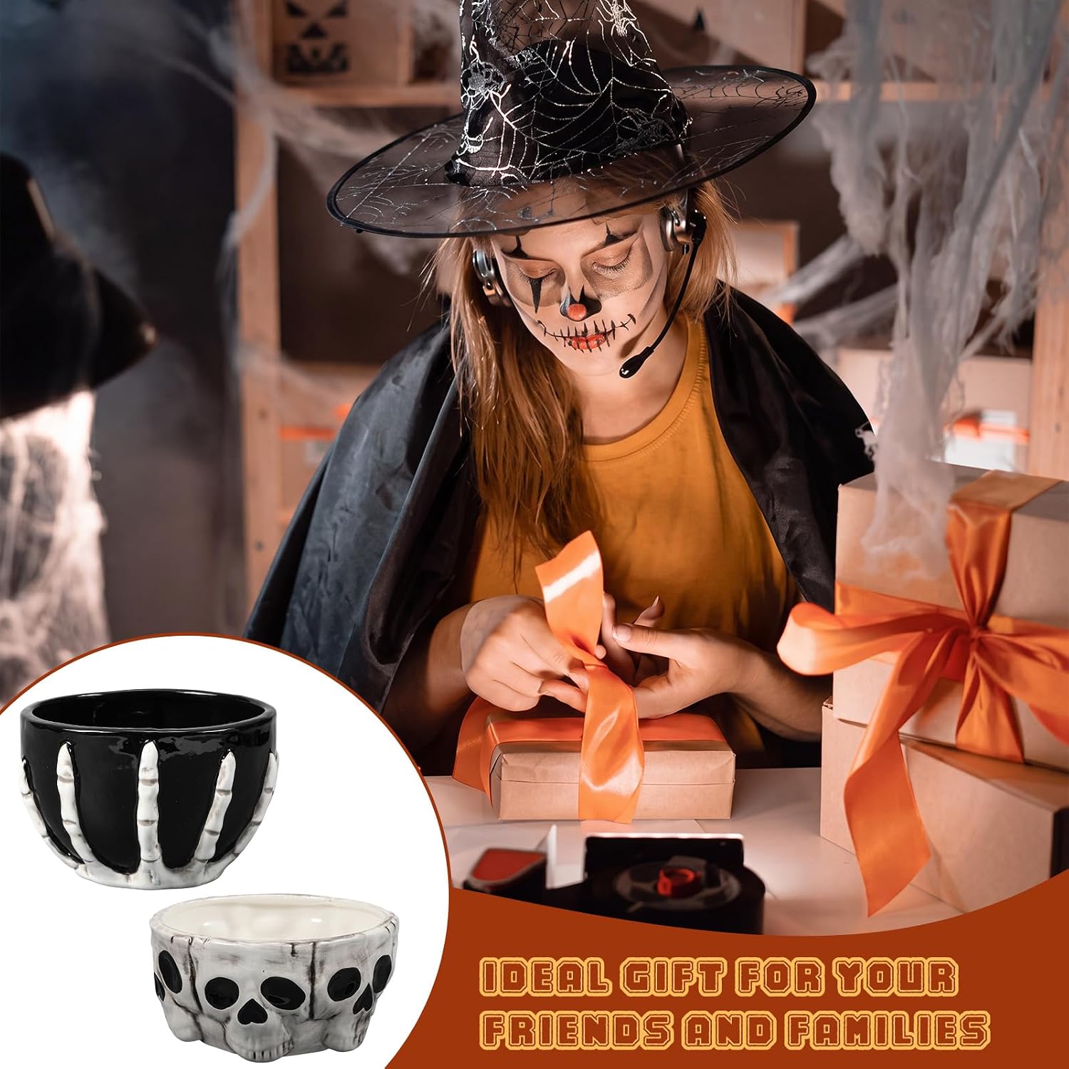 2 Pcs Halloween Candy Bowl Skull Ceramic Microwave Safe