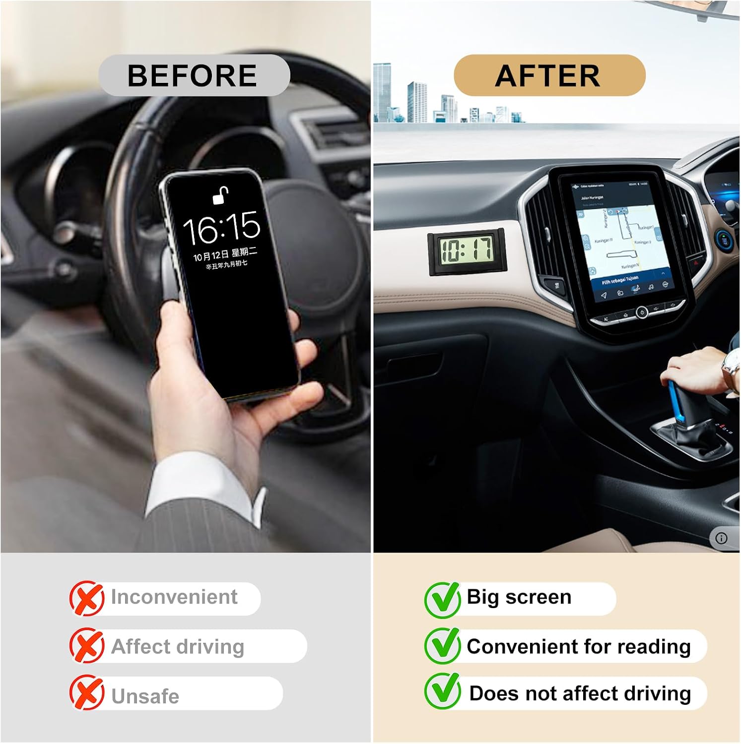 Car Dashboard Small Digital Clock, Mini Dashboard Clock with Jumbo LCD Time, Day Display & Self Adhesive Bracket for Car/Truck Dashboard & Air Vent (Black)