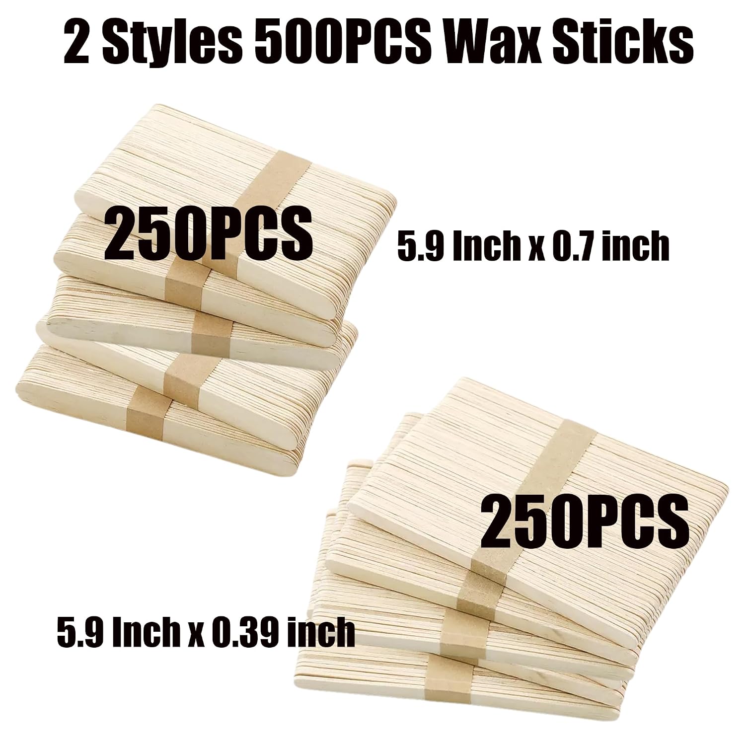500PCS Professional Wax Sticks, Wooden Hair Removal Applicators, Natural, 5.9 Inch, 2 Sizes for Body and Precise Areas