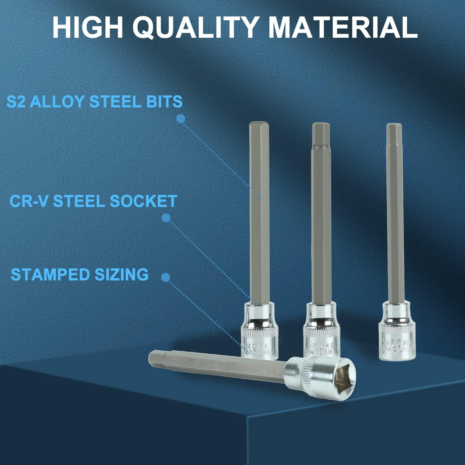 7Pcs 3/8” Drive Extra Long Allen Hex Bit Socket Set, Metric, 3mm to 10mm, S2 and Cr-V Steel