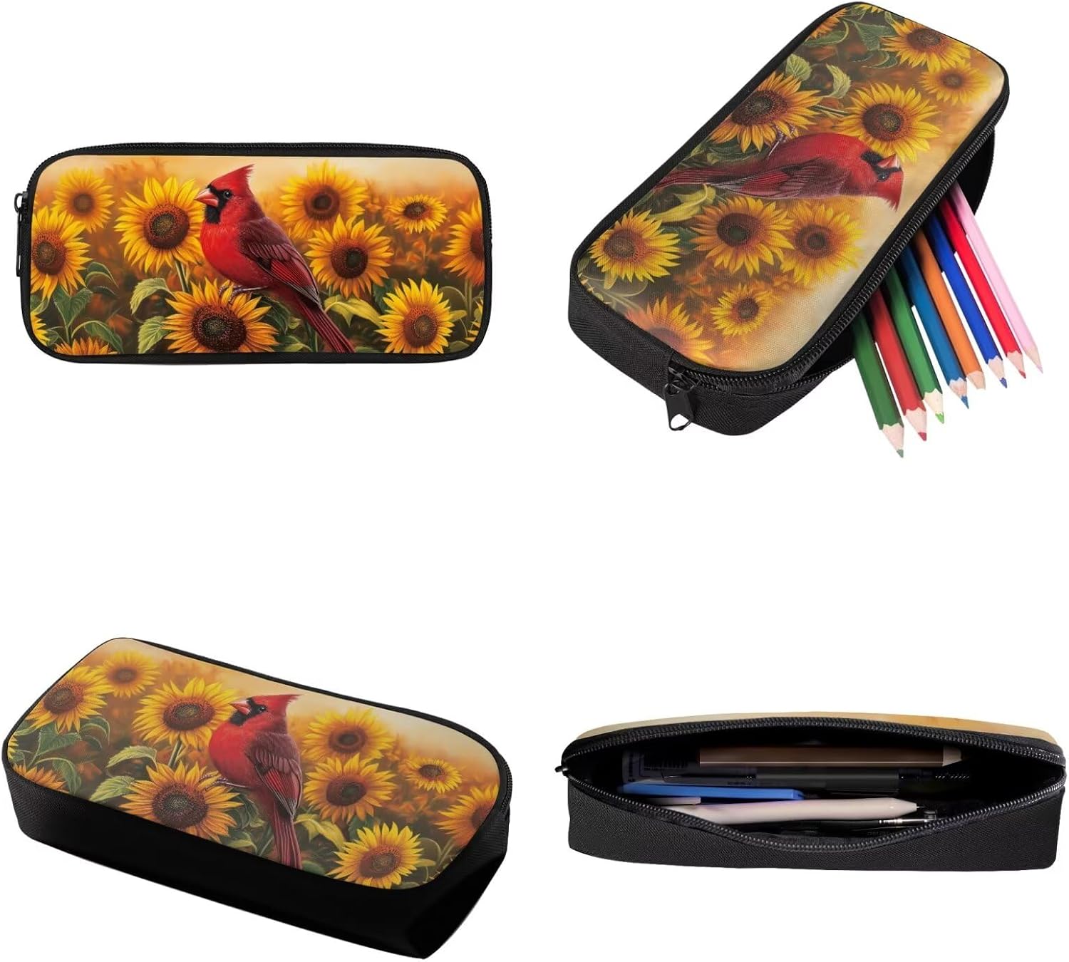Suobstales Cardinal Sunflower Print 3 Piece Kids Backpack Elementary Preschool School Bag with Lunch Box Pencil Case Set for Boys Girls Lightweight Bookbag Travel Bagpack Daypack Rucksack