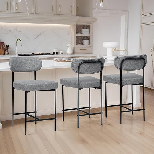 HOMMPA 24'' Bar Stools Set of 3 Fabric Counter Height Barstools Set Upholstered Modern Bar Stools Chairs with Back Metal Legs for Kitchen Island Counter Grey