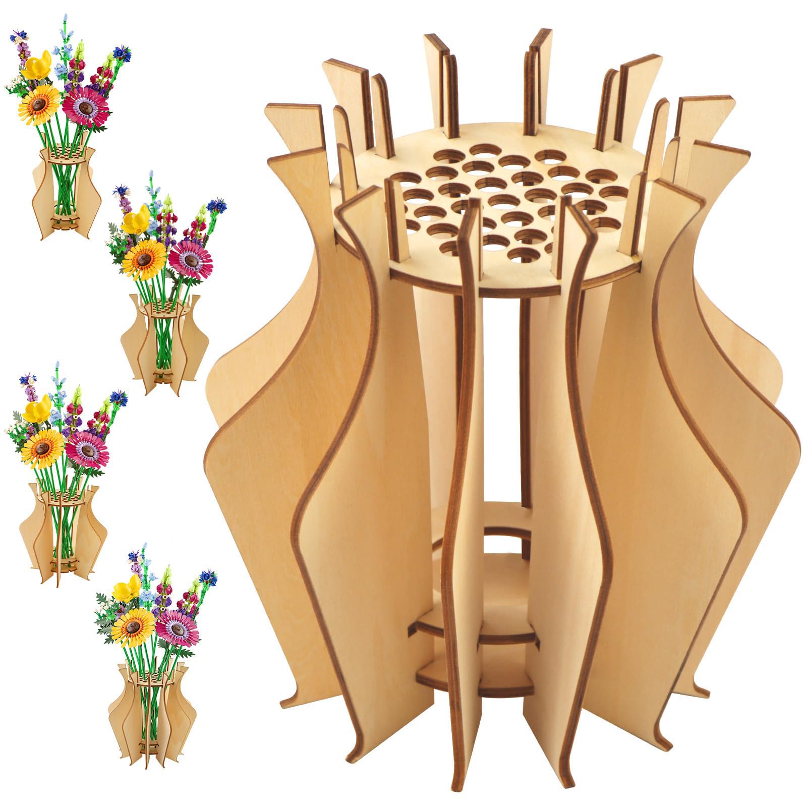FloralGrace 1 x Wooden Vase for Lego Flower Bouquet Wooden Stand for Roses Cherry Blossom Sunflowers Tulips Narcissus Lotus (Oblique Vase)