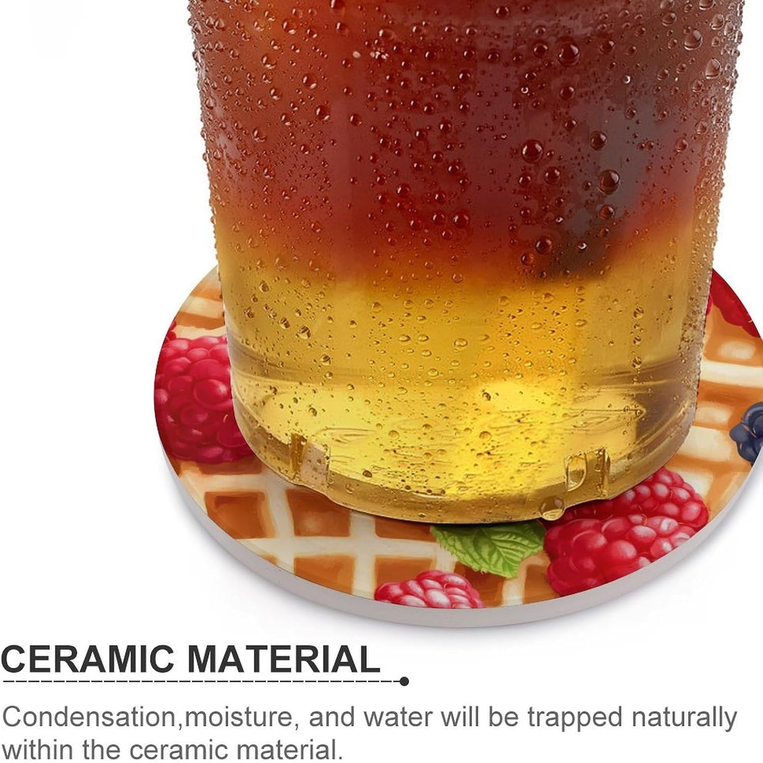 Waffle with Berries Round Ceramic Coasters for Drinks Absorbent Cup Holder Tabletop Protector with Cork Base