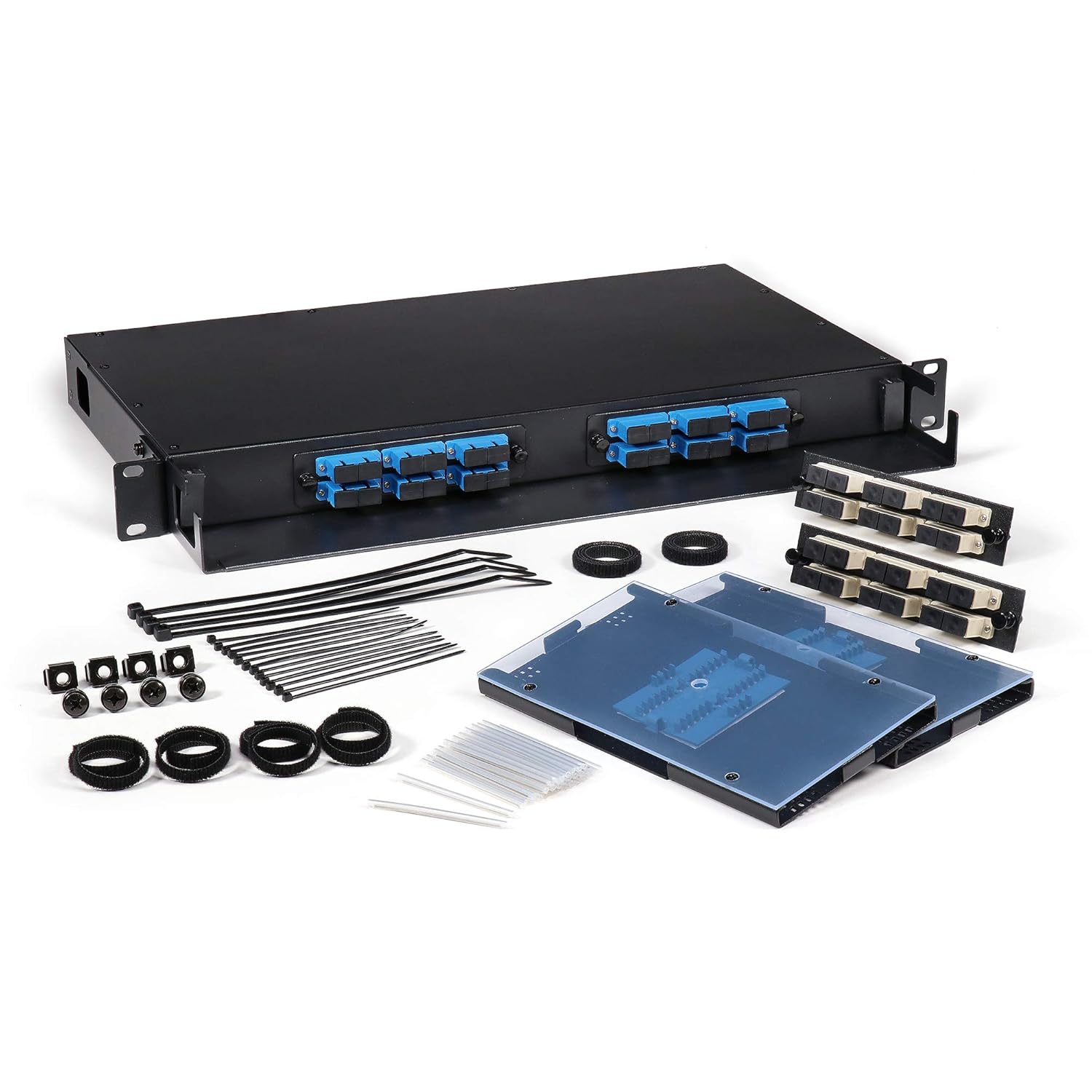 Fiber Optic Patch Panel, Rack Mount, 1 RU, Includes 2 SC Singlemode and 2 SC Multimode Adapter Plates, Includes Splice Trays, Up to 24 Fiber Capacity