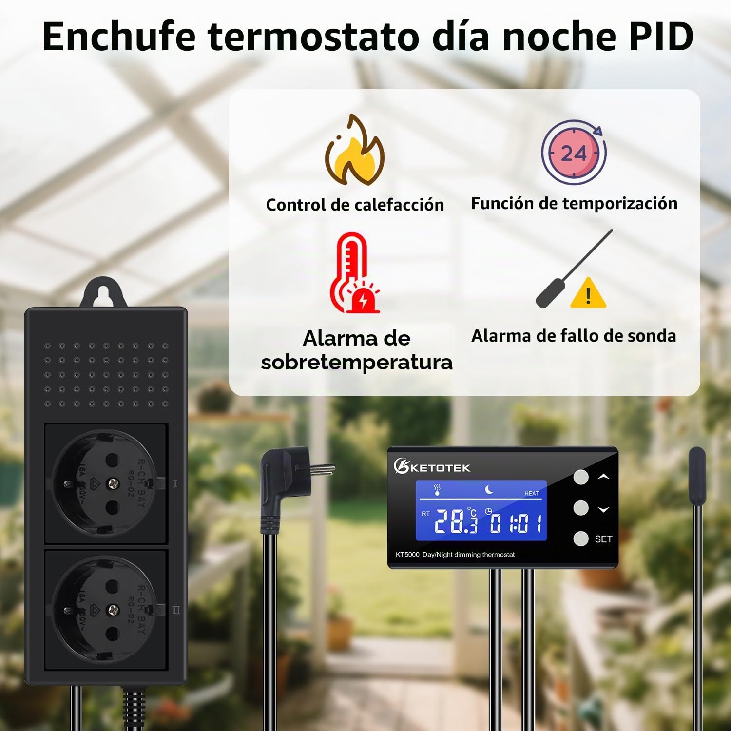 KETOTEK PID Atenuación Termostato Enchufe Controlador de Temperatura con Dia Noche Temporizador Digital Termostato con Sonda para Acuario Lámpara de Calor Invernadero Reptiles