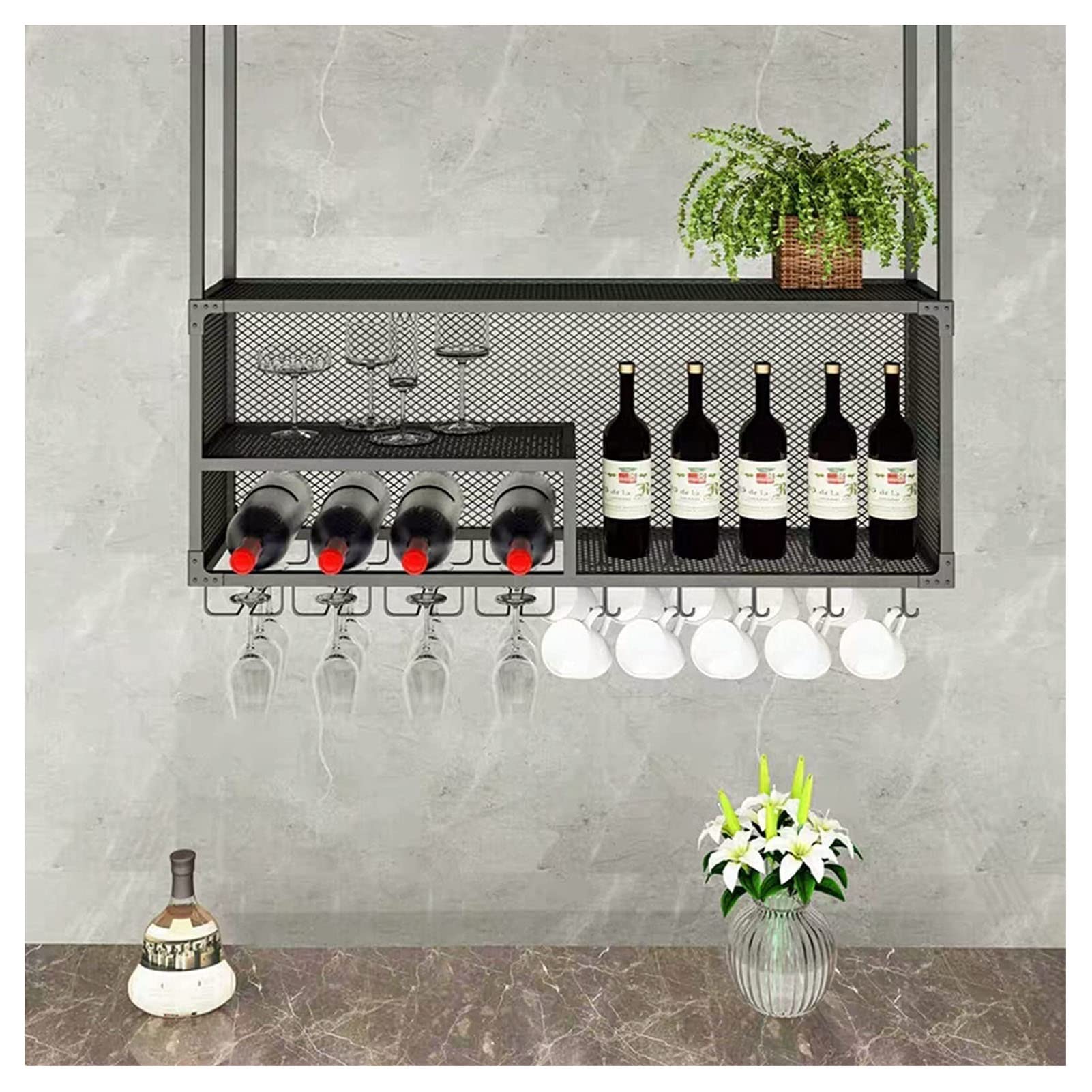 Aggancio da Bar, Portaoggetti Sospeso in Ferro Battuto, Griglia A Soffitto A Tre Livelli, Adatto A Casa, Bar, Bar (Color : Black, Size : 60X30X45CM)