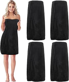 Tigeen 4-Pack Black Waffle Spa Wraps for Women - Adjustable Lightweight Bath Towel Robes with Pockets, One Size Fits Most