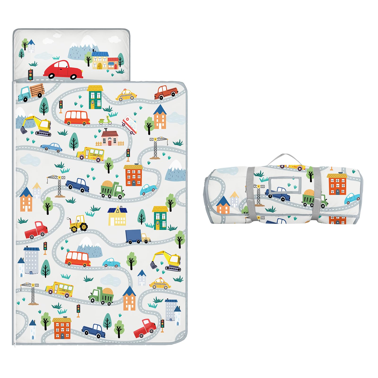 Nap Mat for Toddlers Kids Boys-Pillow,Mat,Blanket All in One-Kids Sleeping Bag for Bedroom Nursery Travel,Gift for Birthday Christmas,Road Car โ image 1