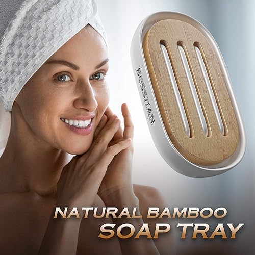 Vista 22 de Bossman Jabonera - Soporte para barra de jabón para baño y ducha, base de cerámica de primera calidad, bandeja de jabón de bambú natural extraíble