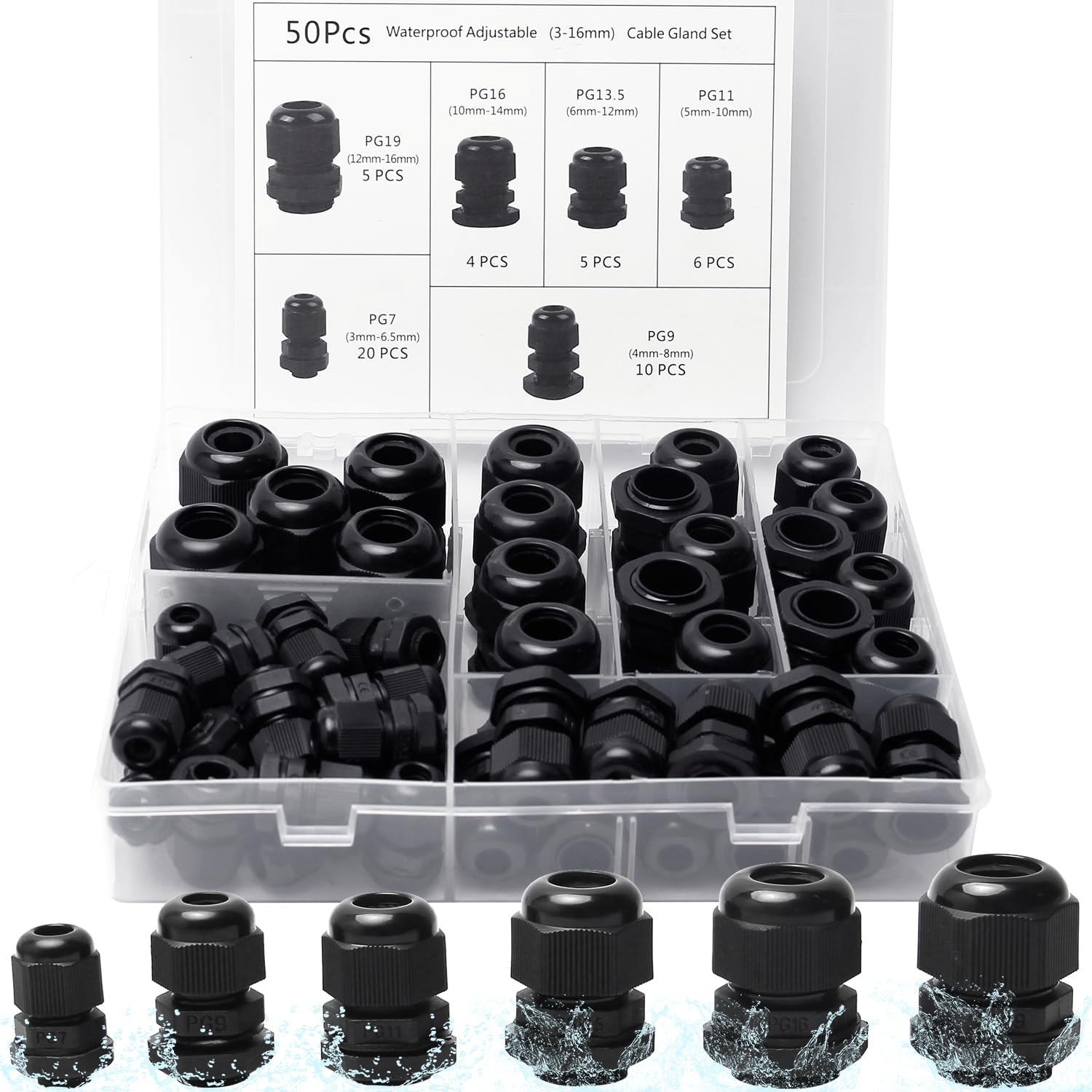 25 Pcs Black Plastic PG7 Cable Glands - Waterproof Adjustable Cable Joints 3.5-13mm, By Eoocvt