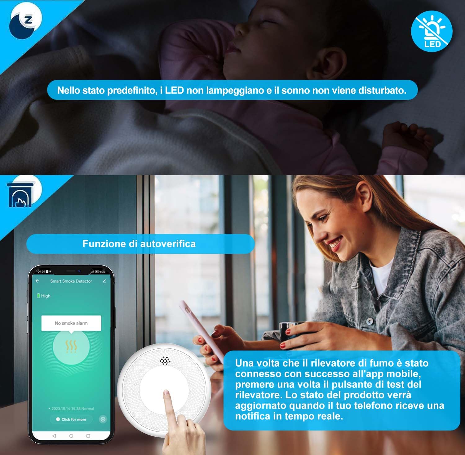 Rilevatore di Fumo WiFi, Batteria da 10 anni con Notifica Tramite App, Funzione di Disattivazione Dell'audio e Funzione di Autotest, Certificato TUV(Compatibile con l'app Tuya/Smart Life),2 pezzo