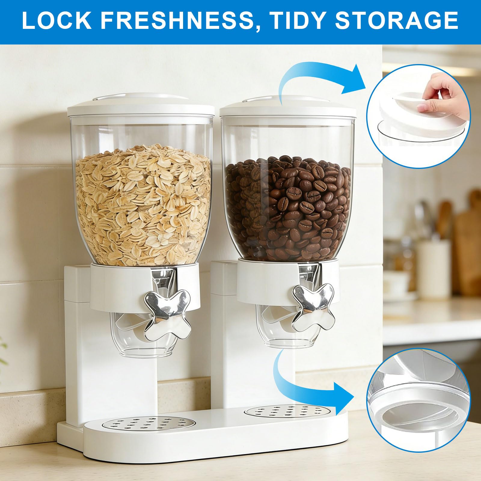 Dispenser per cereali da banco 2L, contenitore ermetico per l'organizzazione della dispensa, set di contenitori ermetici per cereali, riso, chicchi, dolci (doppio 4L bianco)