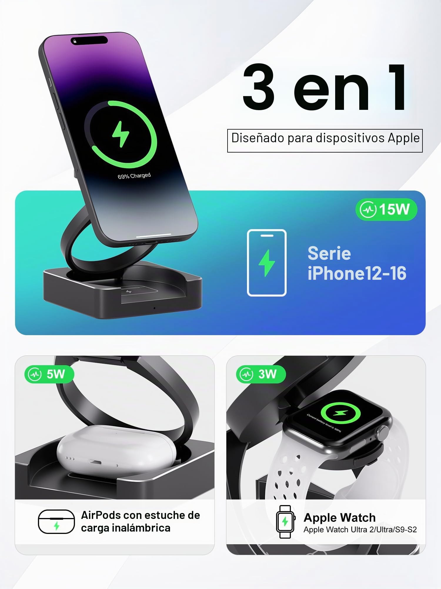 Qi2 Cargador Inalambrico para iPhone, QI2 Cargador Inalámbrica de 15 W, Cargador Inalámbrico Plegable para iPhone 15 Pro MAX 14 13 12, Apple Watch S10 9 8 7 6, Airpods 4 3 Pro2 [con 27W Adapter]