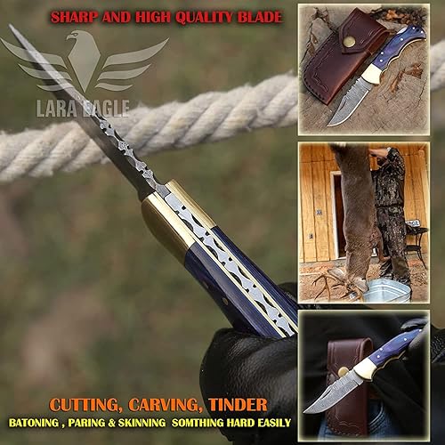 Miniatura 4 de Lara Eagle Cuchillo de bolsillo personalizado de Damasco para hombres, cuchillos de caza plegables hechos a mano de acero sólido multicapa con