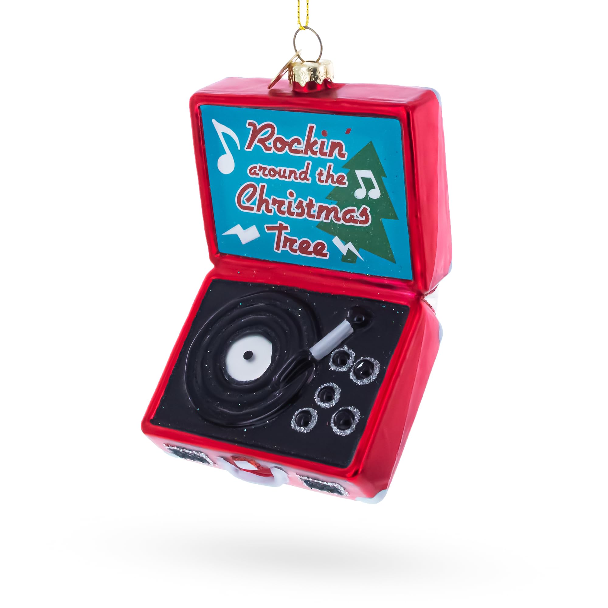 Bestpysanky Red Vintage Vinyl Record Player Blown Glass Christmas Ornament