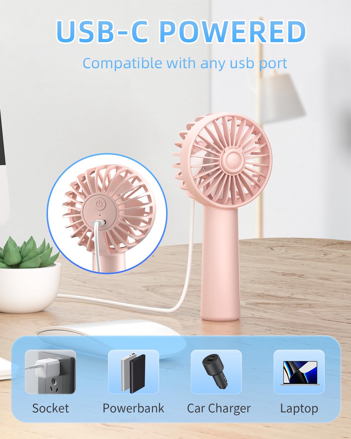Ventilador de mano, mini ventilador portátil de 3 velocidades, 1800 mAh, ventiladores de mano pequeños personales que funcionan con pilas para pestañas de maquillaje, recargable por USB, regalos de 6
