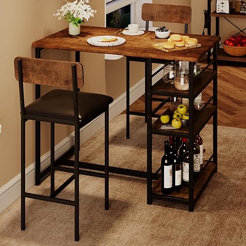 IDEALHOUSE Juego de mesa de comedor para 2, mesa de cocina y sillas de altura de mostrador, juego de mesa de bar con 2 taburetes de bar tapizados,