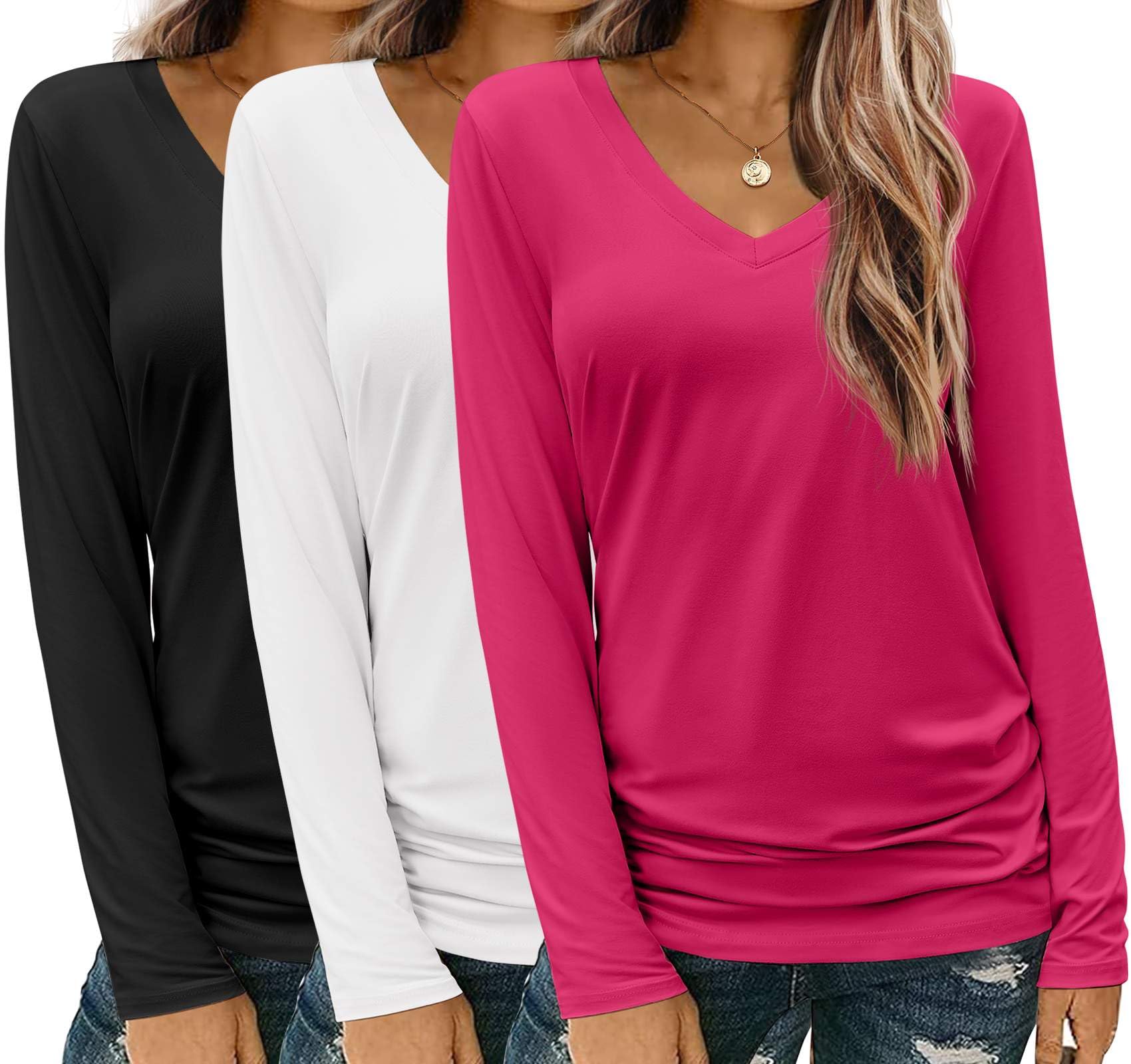 Zeagoo T-shirt basique décontracté à manches longues et col en V pour femme, coupe ample, tenue d'automne 2025 S-XXL | T-shirts unis à coupe ample, mode automne-hiver 2026, tenues scolaires, solo ou superposés, hauts de travail doux