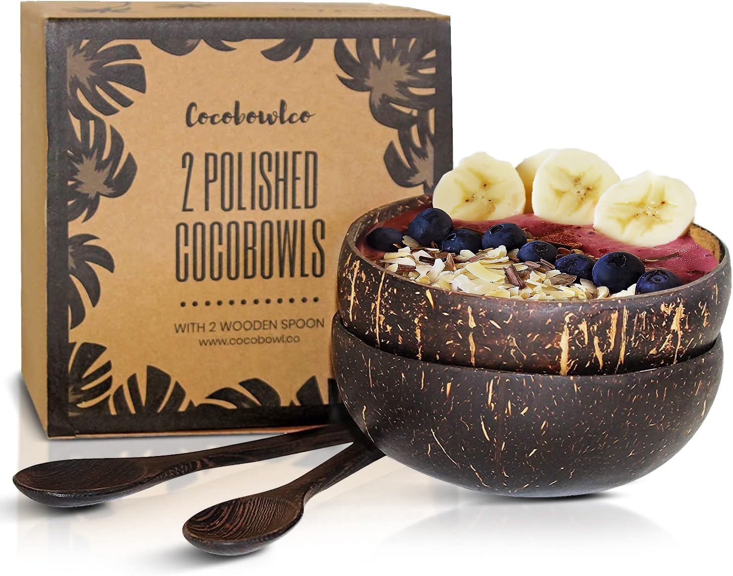 Coconut Bowls And Wooden Spoon Sets: 2 Vegan Organic Salad Smoothie or Buddha Bowl Kitchen Utensils (2, Polished)