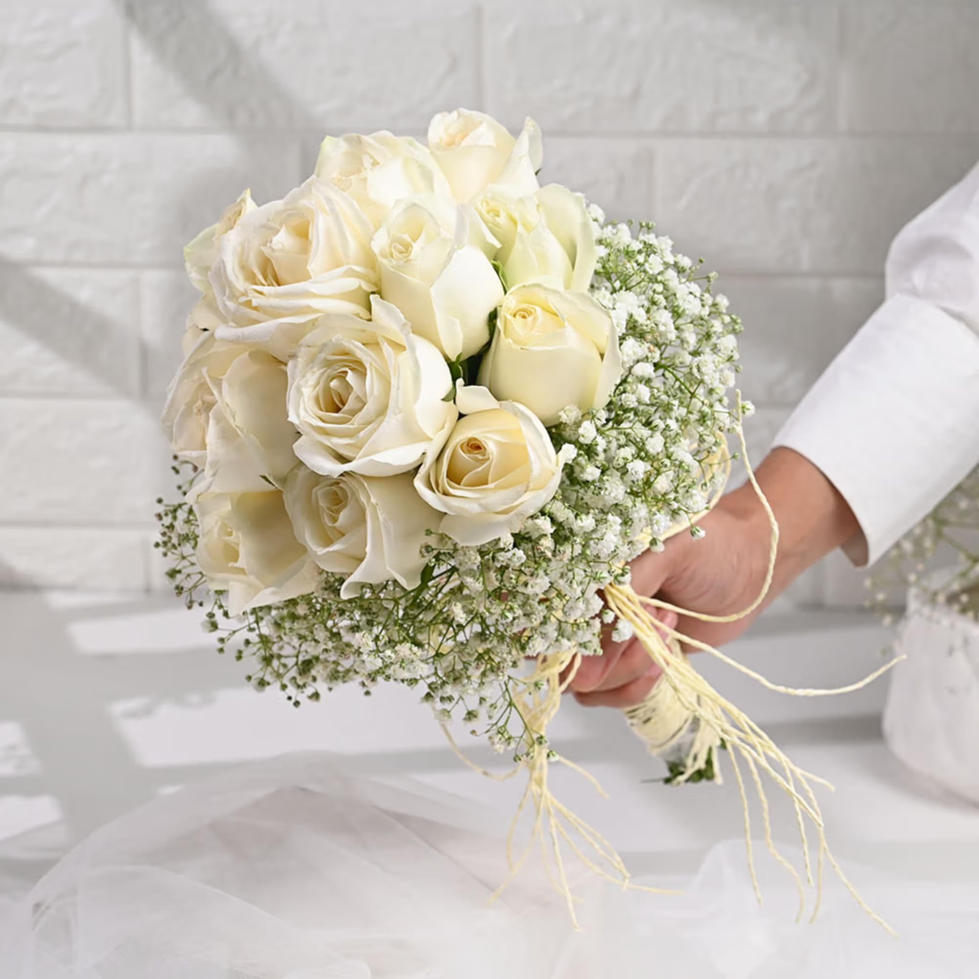 FlowerAura Fresh Live Flower Bouquet of 15 White Roses For Birthday & Anniversary Gift, Mother's Day Gift, Romantic Gift, Father's Day Gift & Bridal Bouquet For Bride (Same Day Delivery)-image-25