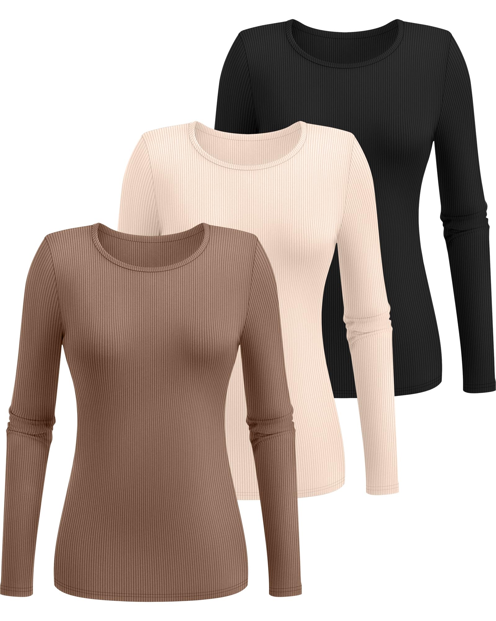 Ficerd - Confezione da 3 Maglie a Maniche Lunghe da Donna, t-Shirt Slim Fit con Scollo Rotondo e Top Casual in Maglia a Coste