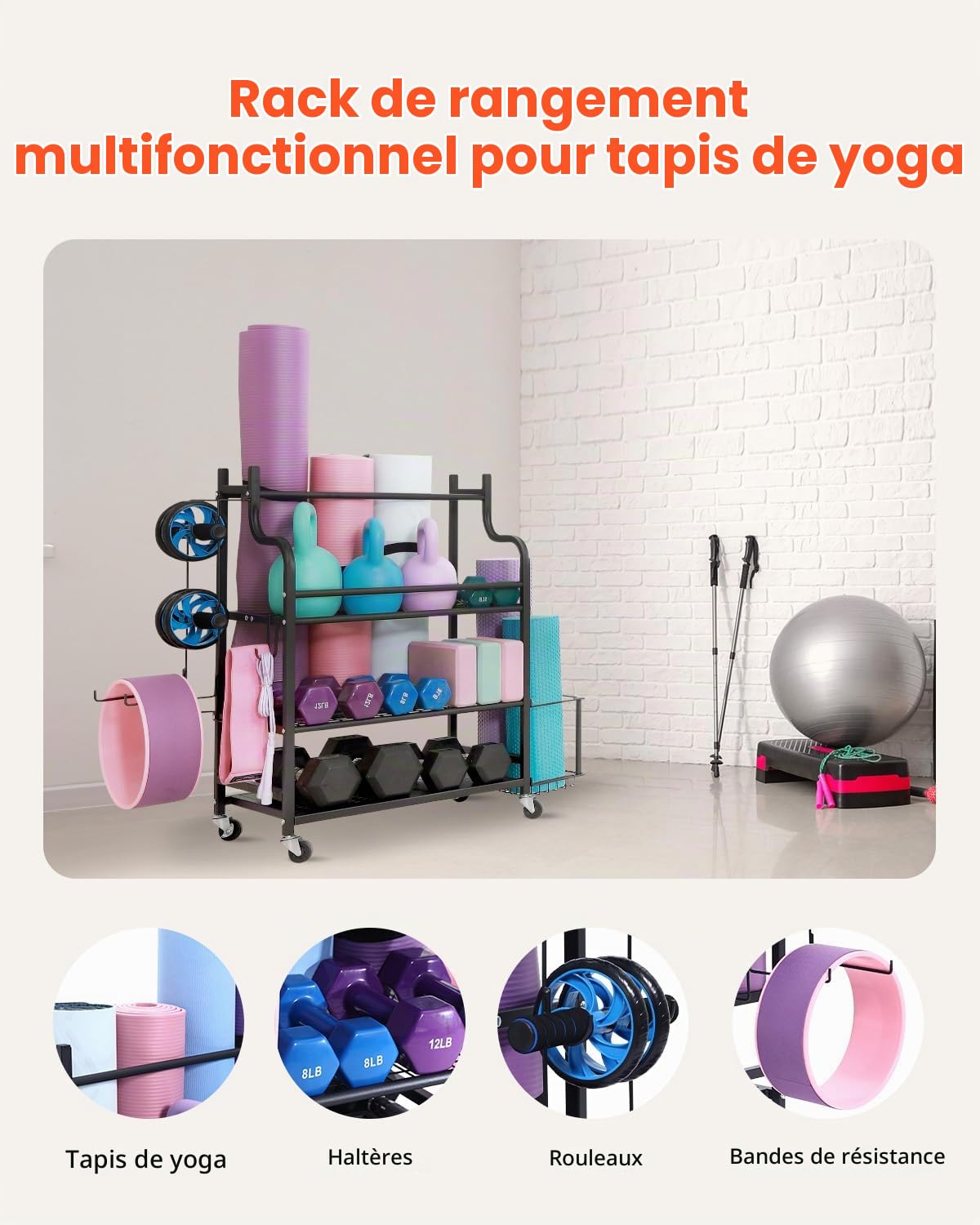 VEVOR Support pour Tapis de Yoga 3 Niveaux, Organisateur de Matériels d'Entraînement en Acier avec Revêtement en Poudre, Chariot de Rangement Sportif avec Crochets, pour Haltères, Kettlebell, Gym