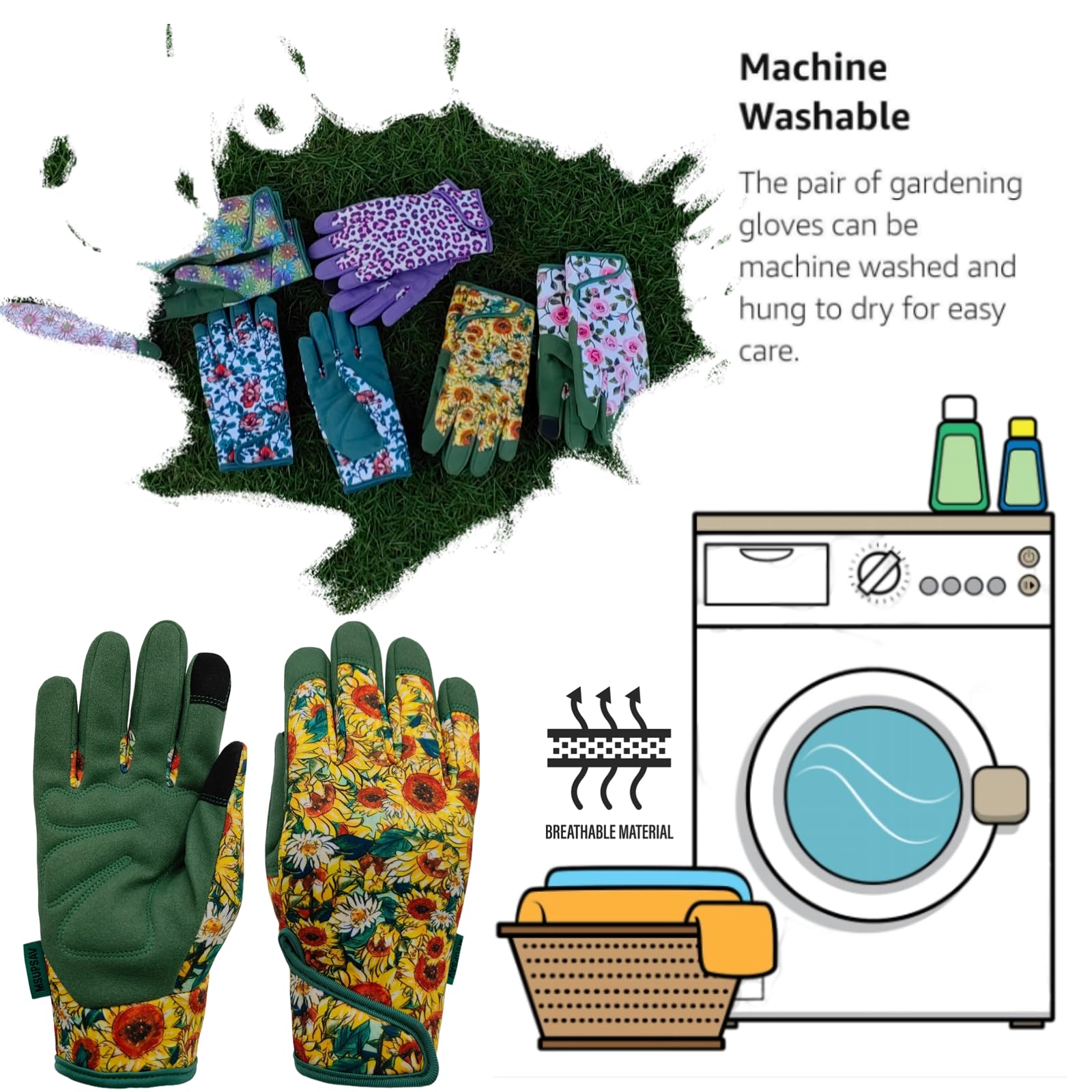 Gants de jardinage - Gants de travail - En élasthanne synthétique - Cadeaux pour femme - Pour écran tactile - Taille S - Tournesol vert