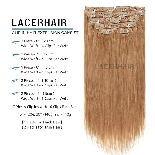 Miniatura 2 de Lacer Extensiones de cabello humano con pinzas, extensiones de cabello humano lacio y sedoso, grueso, color castaño caoba, extensiones de cabello