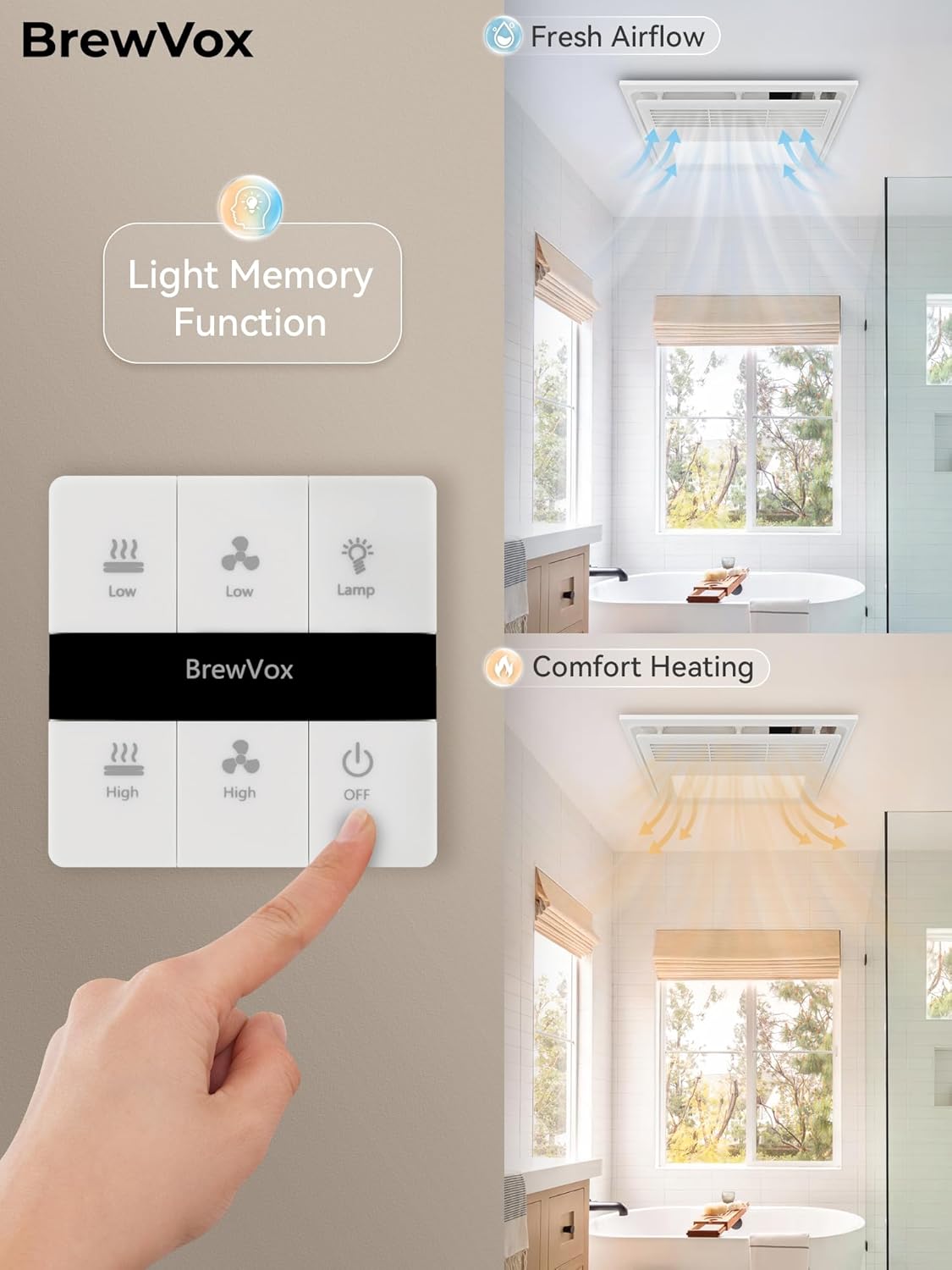 Bathroom Exhaust Fan with Heater and Light, 80-110 CFM Adjustable Ventilation Fan, 1600W 2-Level Instant Heater, 3-Color LED Light with Memory Function