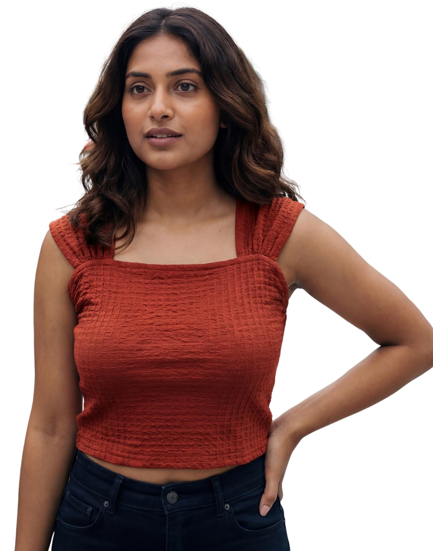 selvia Women's Solid Rust Sleeveless Ribbed Crop Top, Slim Fit Casual Western Top-picture-48