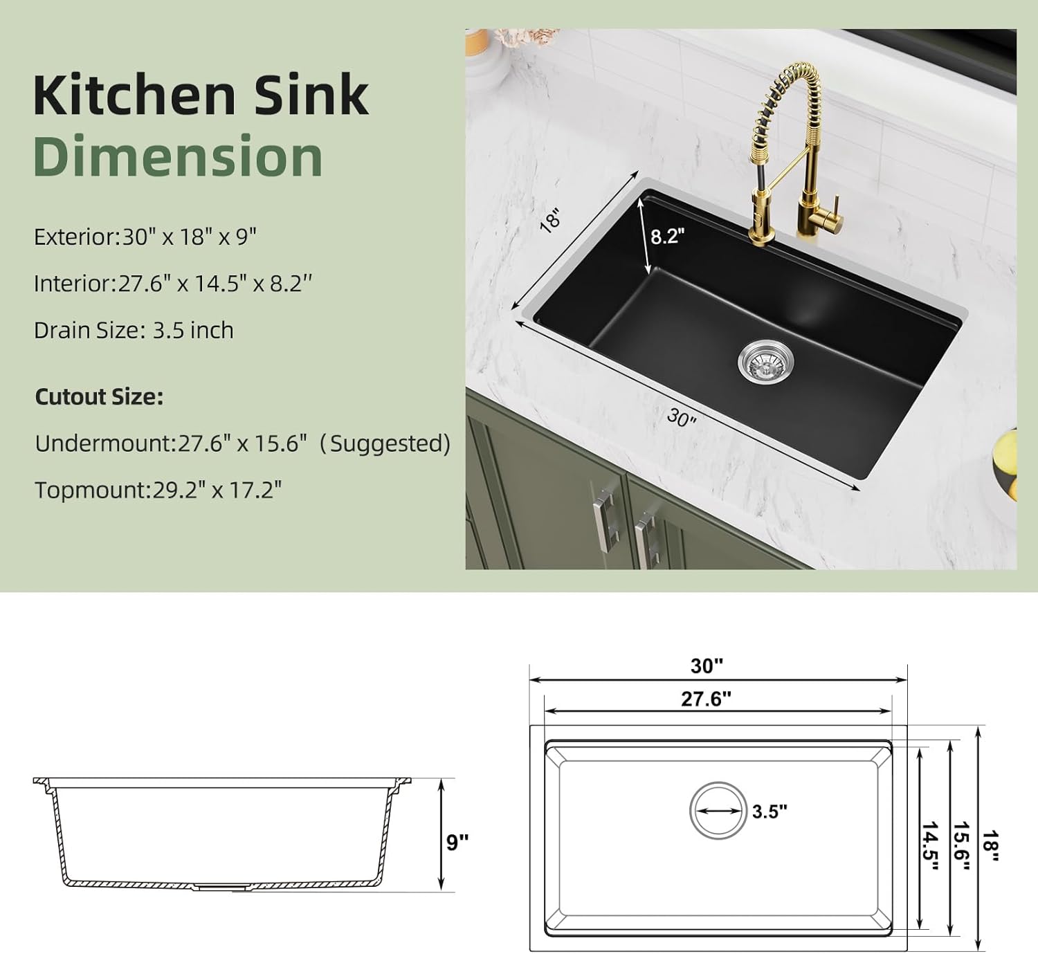 Davivy 30 Inch Black Granite Sink Workstation, 30 x 18 Black Undermount/Drop In Kitchen Sink, Deep Quartz Composite Single Bowl with Accessories