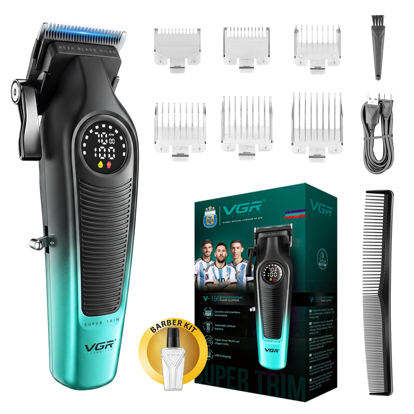 VGR 196 Maquina Cortar Pelo Profesional con Cuchillas de Cerámica, Verde | Maquina Cortar Pelo Hombre Inalámbrica con Palanca de Ajuste, Cortapelos Hombre Profesional con 6 Peines Guía, Pantalla LED