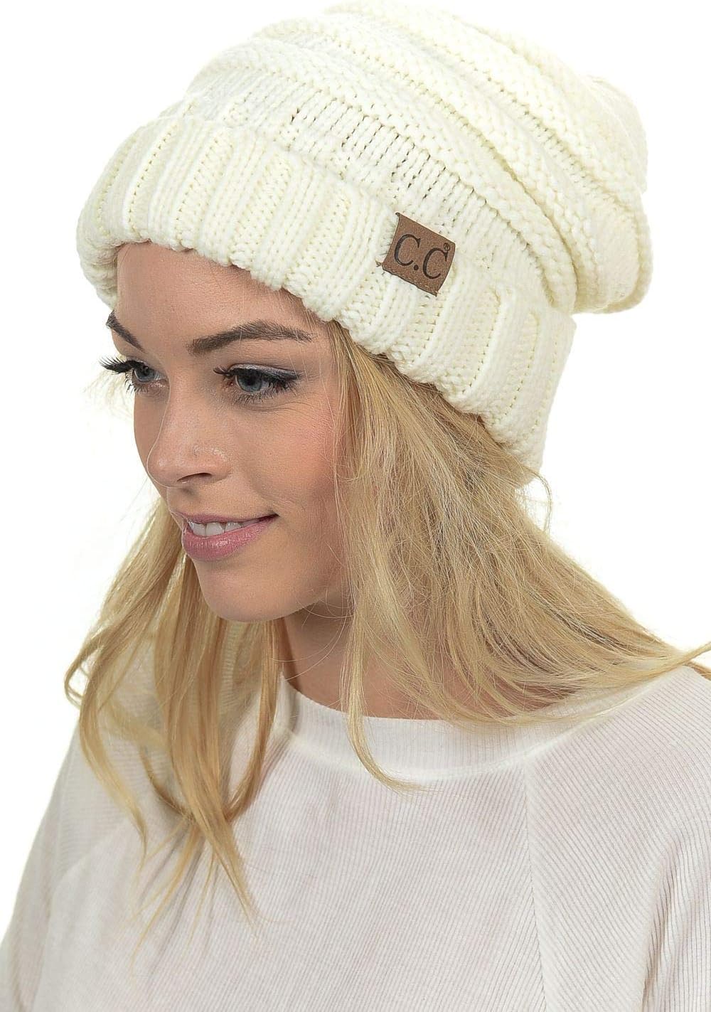 C.C Hat-100 Oversized Baggy Slouch Thick Warm Cap Hat Skully Cable Knit Beanie, Ivory Solid - Image 2
