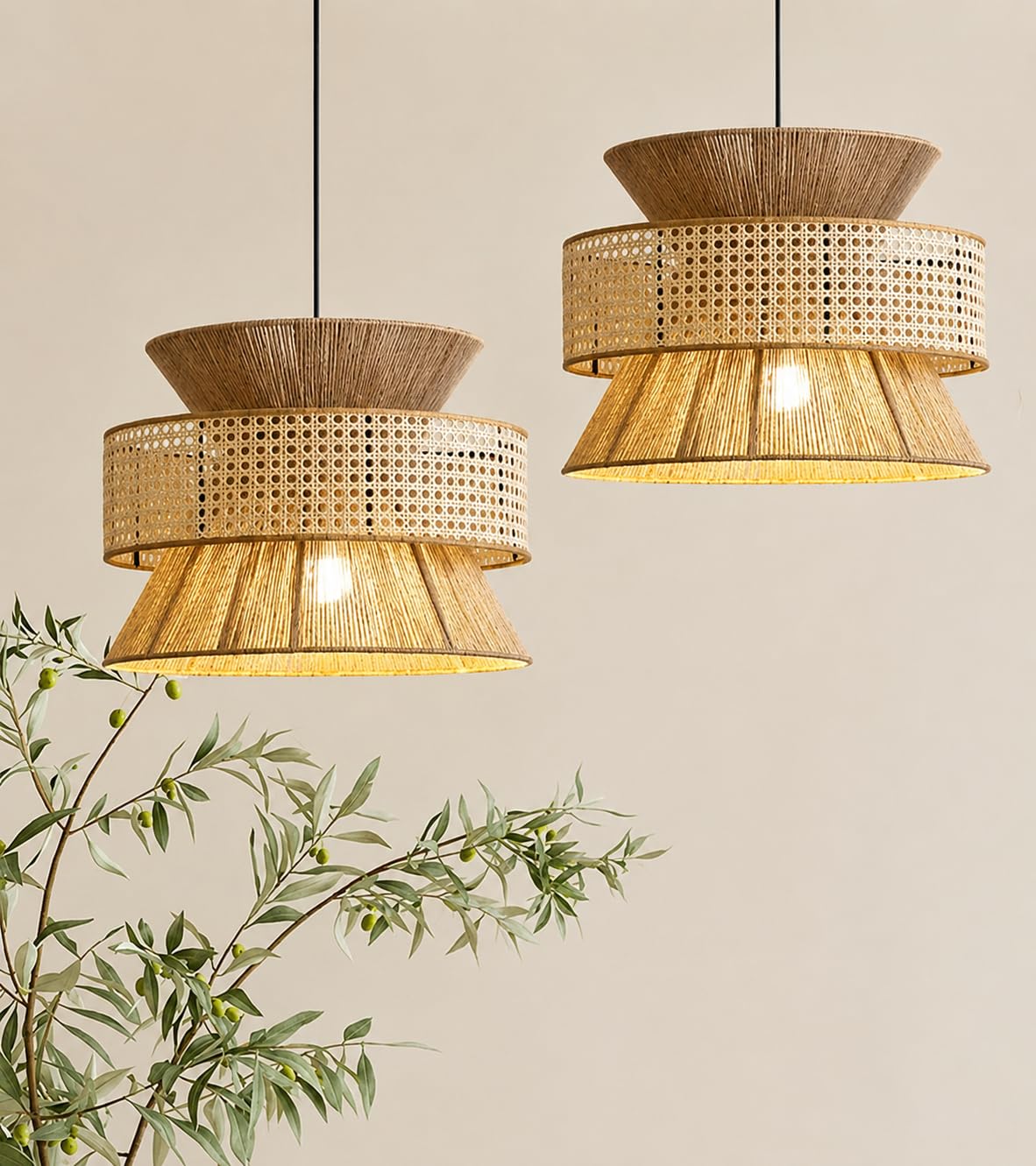 Madonna’s Home Decor Bohemian Luxury Handwoven Rattan Mesh & Jute Pendant Lamp with Bulb & Fittings Included, Beige Ceiling Hanging Light for Home, Bedroom, Cafe, Resort, Hotel, Office, 30x30 cm-image-3